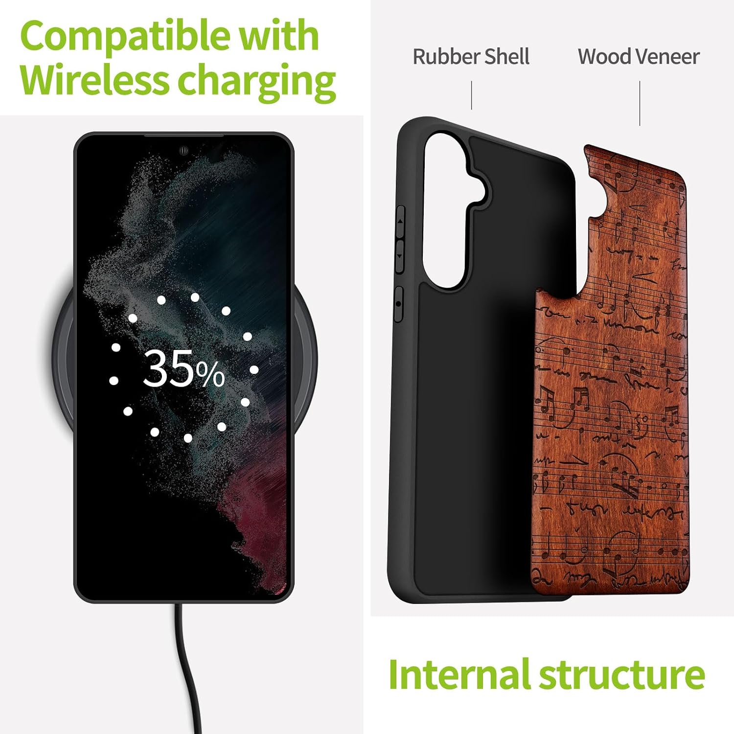 Carveit Wood Case for Galaxy S23 FE Case [Natural Wood & Black Soft TPU] Shockproof Protective Cover Unique Wooden Design Compatible with S23 FE (Sheet Music-Rosy)