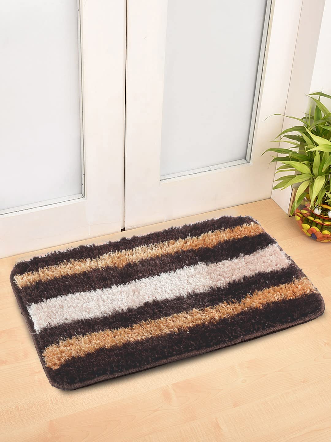 FABINALIV Stripes Brown Polyester Small Size Door Mat-(60 x 40 cm) (FLDM-1038-Brown)