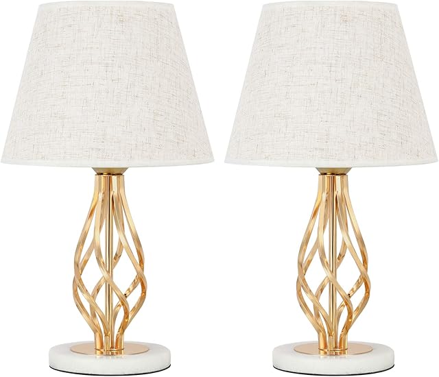 HAITRAL Bedside Lamps Set of 2, Milky Marble Base & Linen Fabric Shade, Modern Rose Gold Table Lamp for Bedroom, Living Room, Office