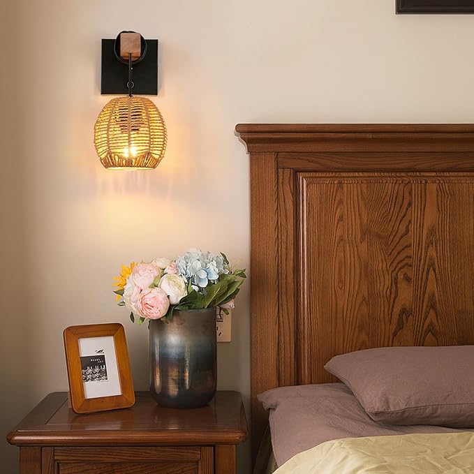 Toolight Toolight Wandlamp, hout, E27, vintage boho-wandlamp voor binnen met schakelaar, retro rotan wandlamp, industriële wandlamp van metaal voor hal, woonkamer, slaapkamer, trappenhuis (zonder lamp) photo 3