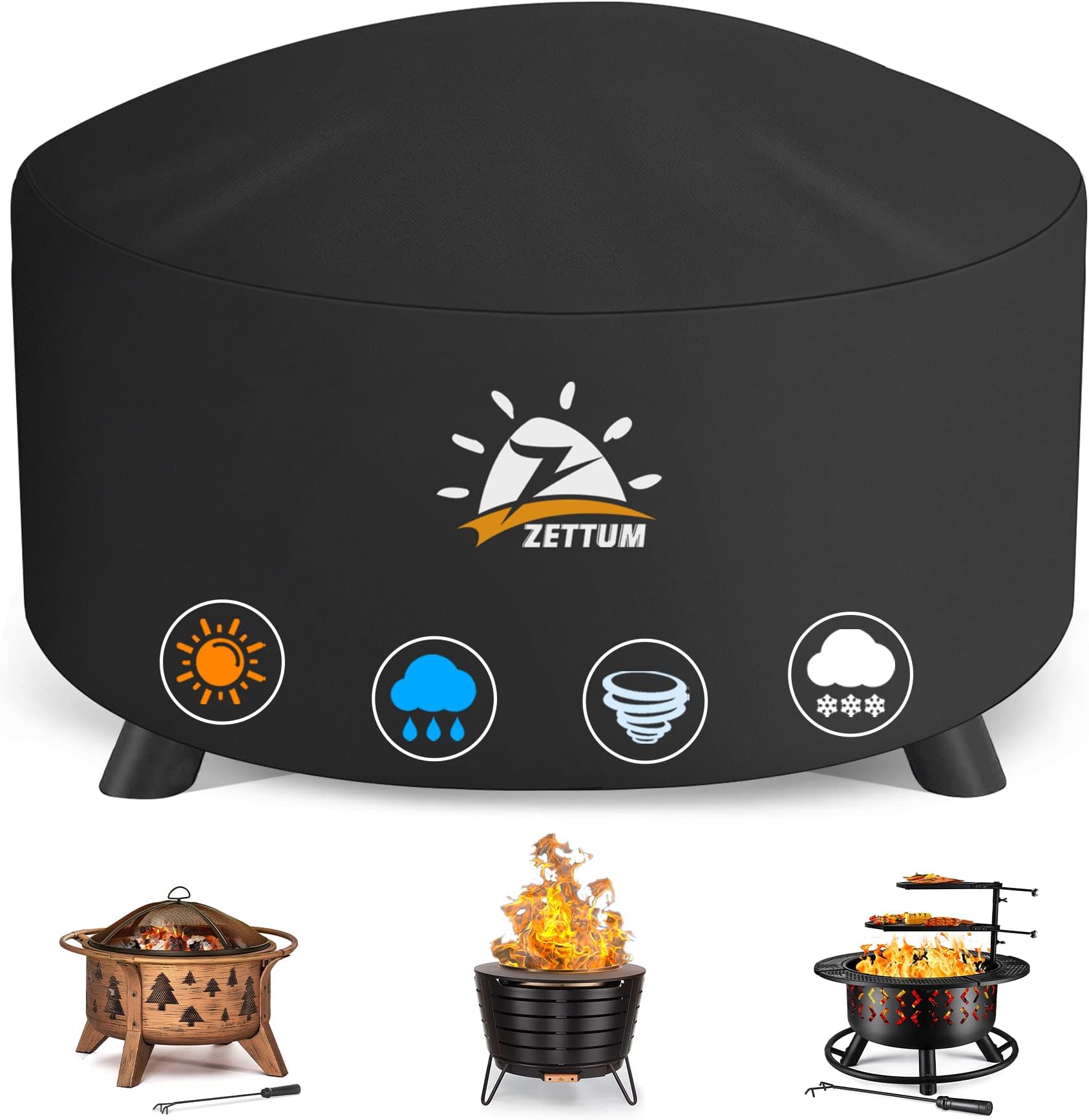 Zettum Fire Pit Cover Round 36 Inch - Outdoor Firepit Cover Heavy Duty & Waterproof, 600D Patio Fire Table Cover Gas Fire Pit Accessories Fade & Weather Resistant - 36 x 36 x 20 Inch