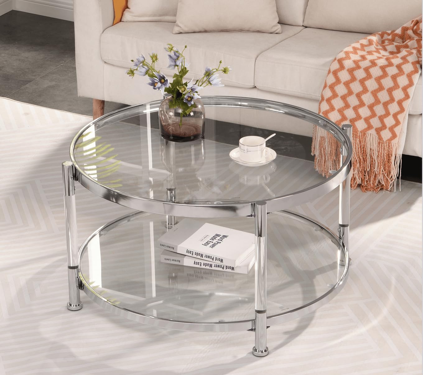 32'' Glass Coffee Table, Round Coffee Table, Acrylic Sliver Coffe Table, Tempered Glass, Modern Delicate Simplicity Table, Chrome/Silver Design for Living Room