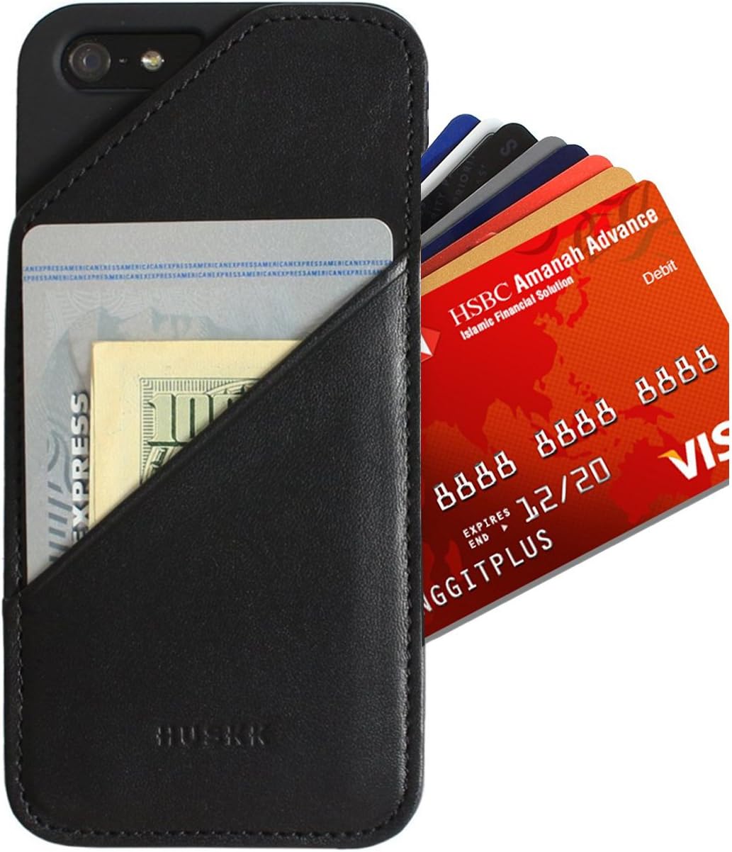 HUSKK iPhone SE/5/5S Wallet Case - Card Holder Up to 8 Cards Plus Cash - Slim Eco Leather Black