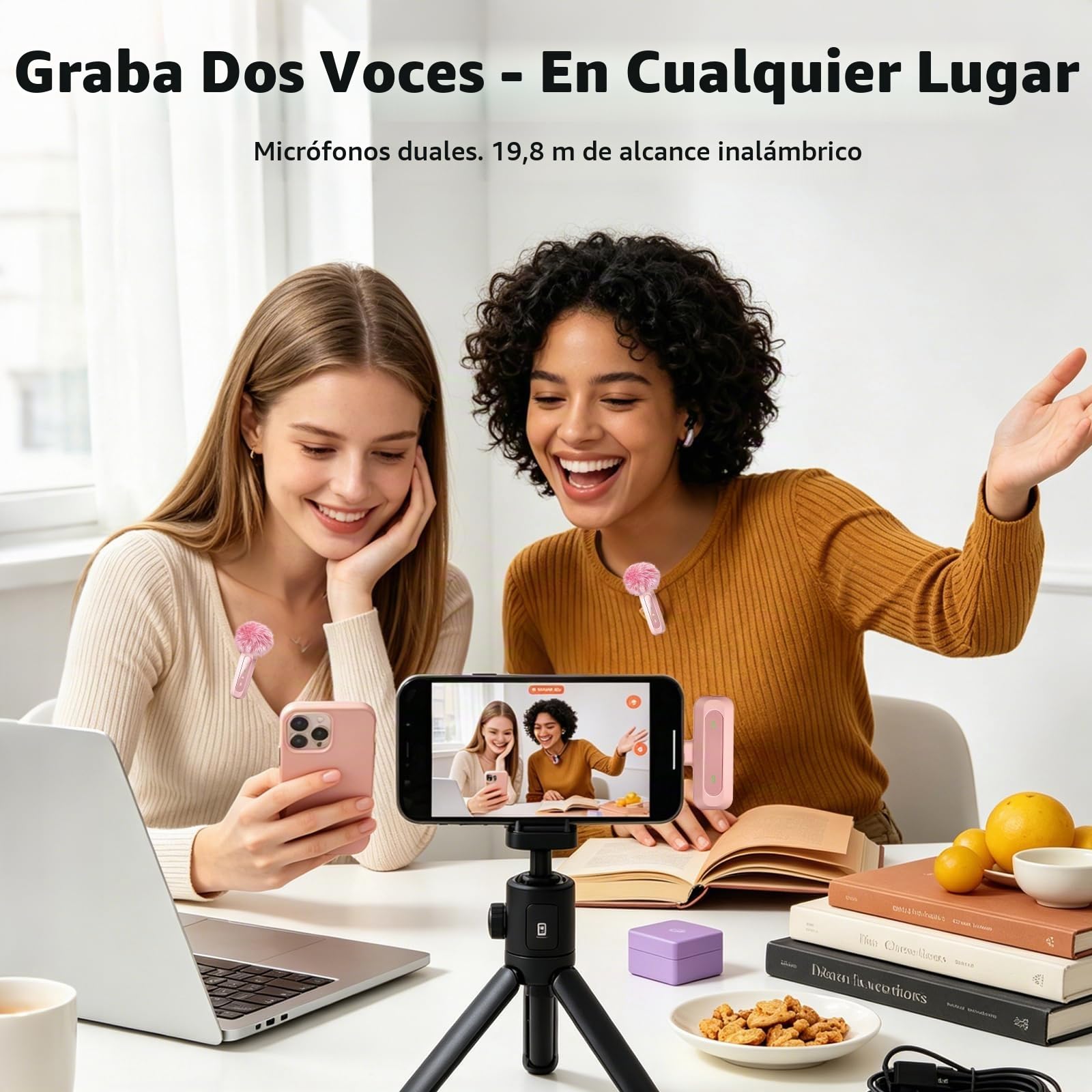 Micrófono Rosa para iPhone y Conector USB-C, micrófono lavalier con cancelación de Ruido, Pantalla LED y Clip Giratorio, Ideal para vlog, TikTok y creación de Contenido