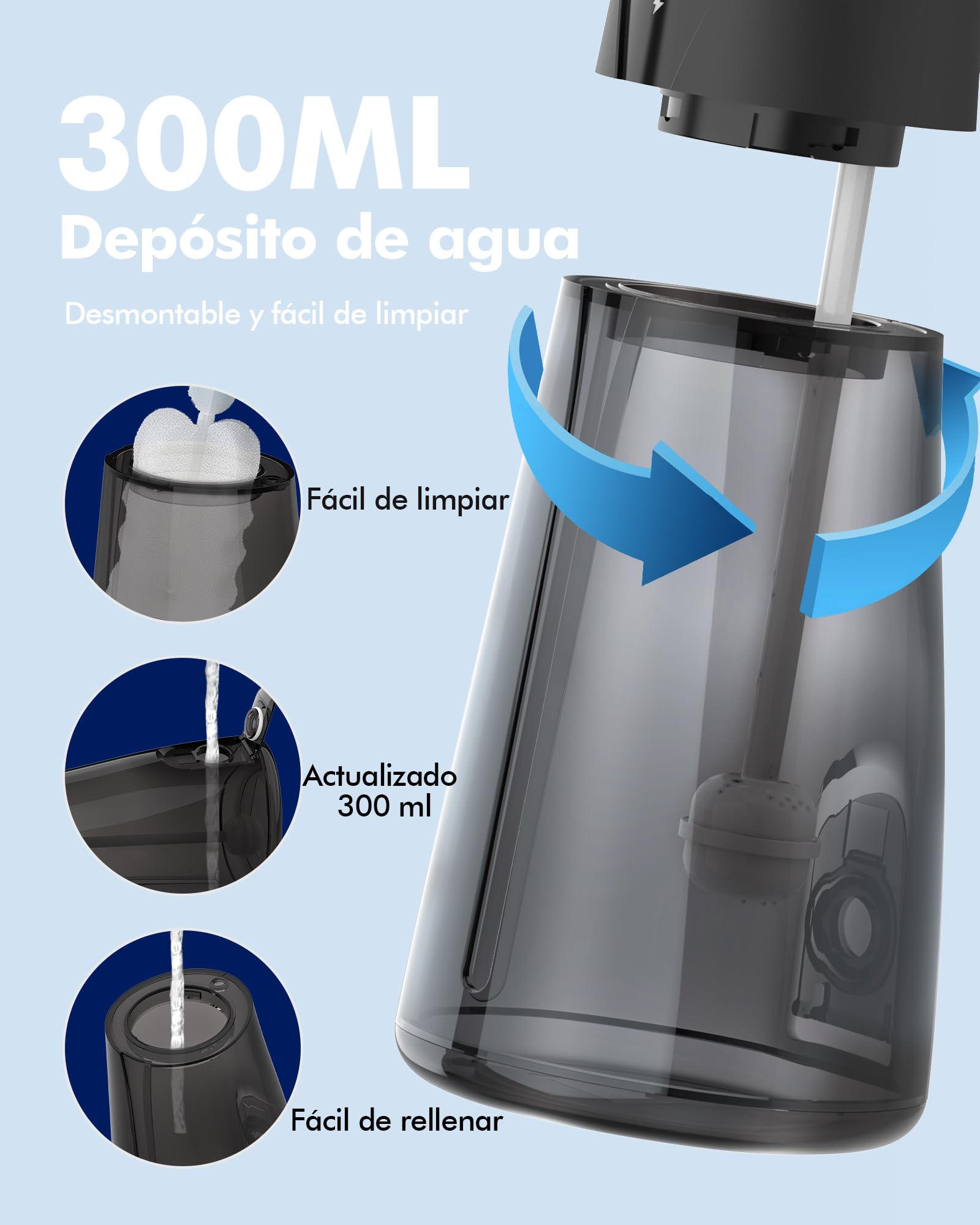 Irrigador Dental Portatil, 5 Modos de Limpieza con 6 Boquillas, Tanque de Agua de 300ml, IPX7 Impermeable, Ideal para Limpieza Dental en Casa y de Viaje（Negro）