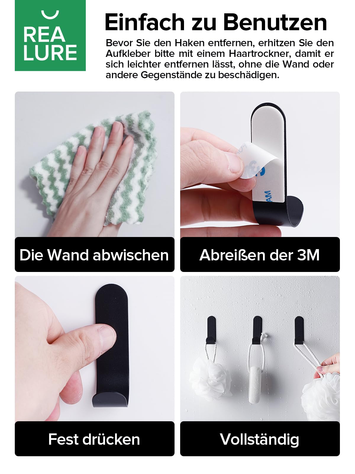 12 Ganci Adesivi Neri Con Colla 3M - Porta Oggetti Fino A 5kg Per Pareti Lisce - Foto 6