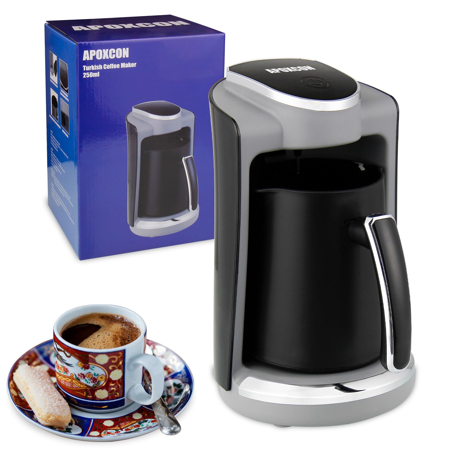 APOXCON Automatische Elektrische Türkische Kaffeemaschine für 4 Tassen – 400W Edelstahl-Heizplatte mit Trockenkochschutz (250 ml)