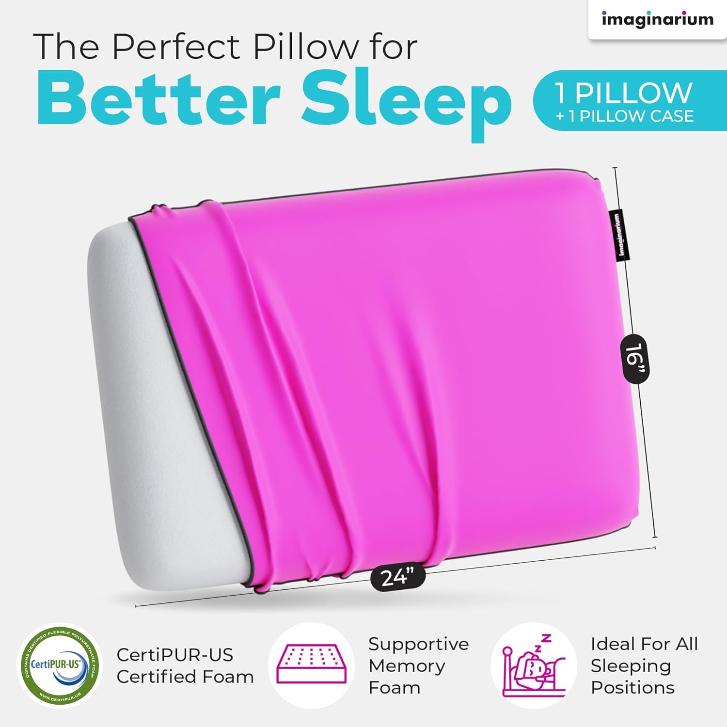 Imaginarium Memory Foam Pillow for Bed - 16" x 24" Standard – Fun Decorative Colorful Pillow for Sleeping - Back, Stomach & Side Sleepers – Includes Cooling Cover (Party Pink)