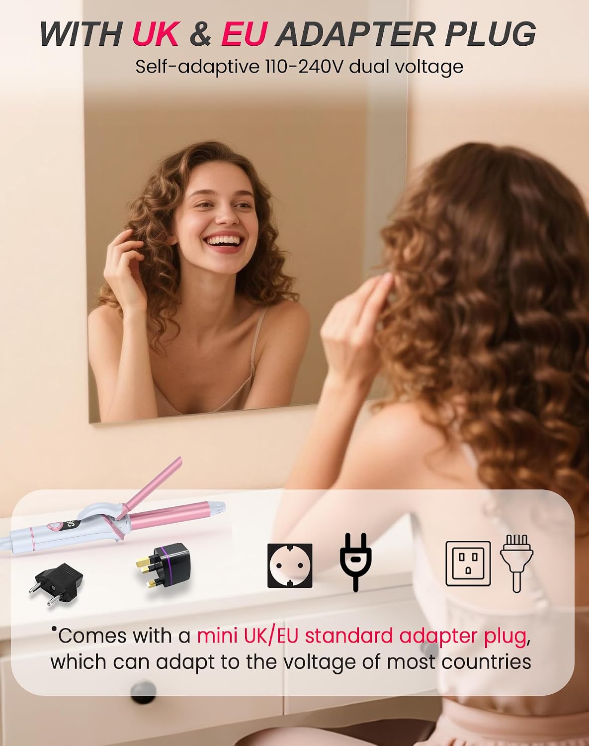 Mini Curling Iron for Short Hair Dual Voltage with European UK Plug Adapter 3/4 Inch Travel Size Small Barrel Curling Iron to Beachy Waves Curls with 30S Fast Heating, 5 Temps for Global