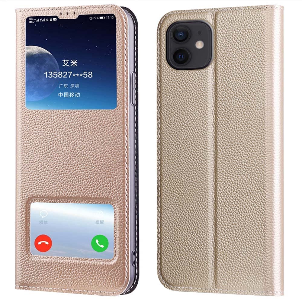 Étui iPhone 12 Mini avec support et fenêtre transparente dorée - 7