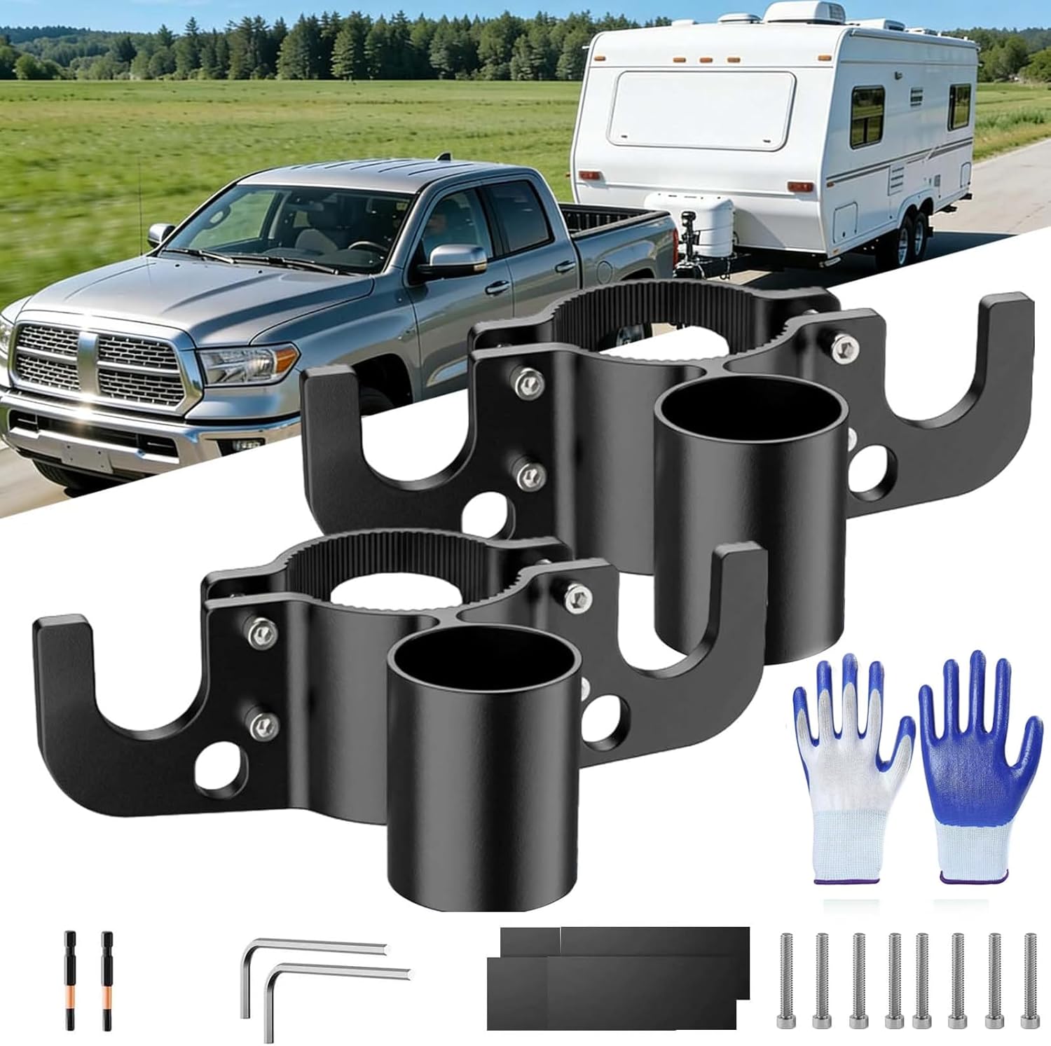 Aluminum Trailer Towing Chain Organizer - 7-Way Plug Holder, Upside Down Trailer Chain Holder, Heavy Duty Tongue Jack Chain Holder for 2" & 2-1/4" Jacks, Rust-Proof for RV Camper Trailer (2PCS)