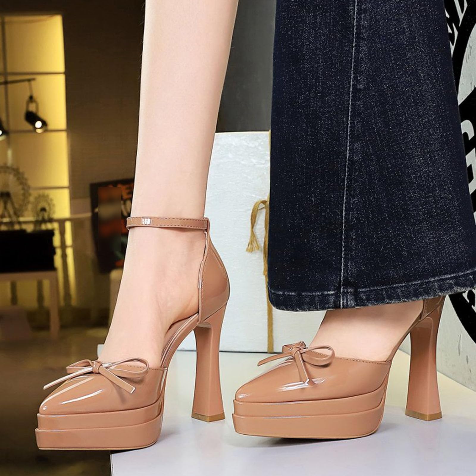 Scarpe Donna con Tacco Alto Piccolo Fiocco Pelle Laccata 11.5CM Piattaforma | Cinturino alla caviglia,Eleganti per Matrimoni, Galà, Appuntamenti e Feste