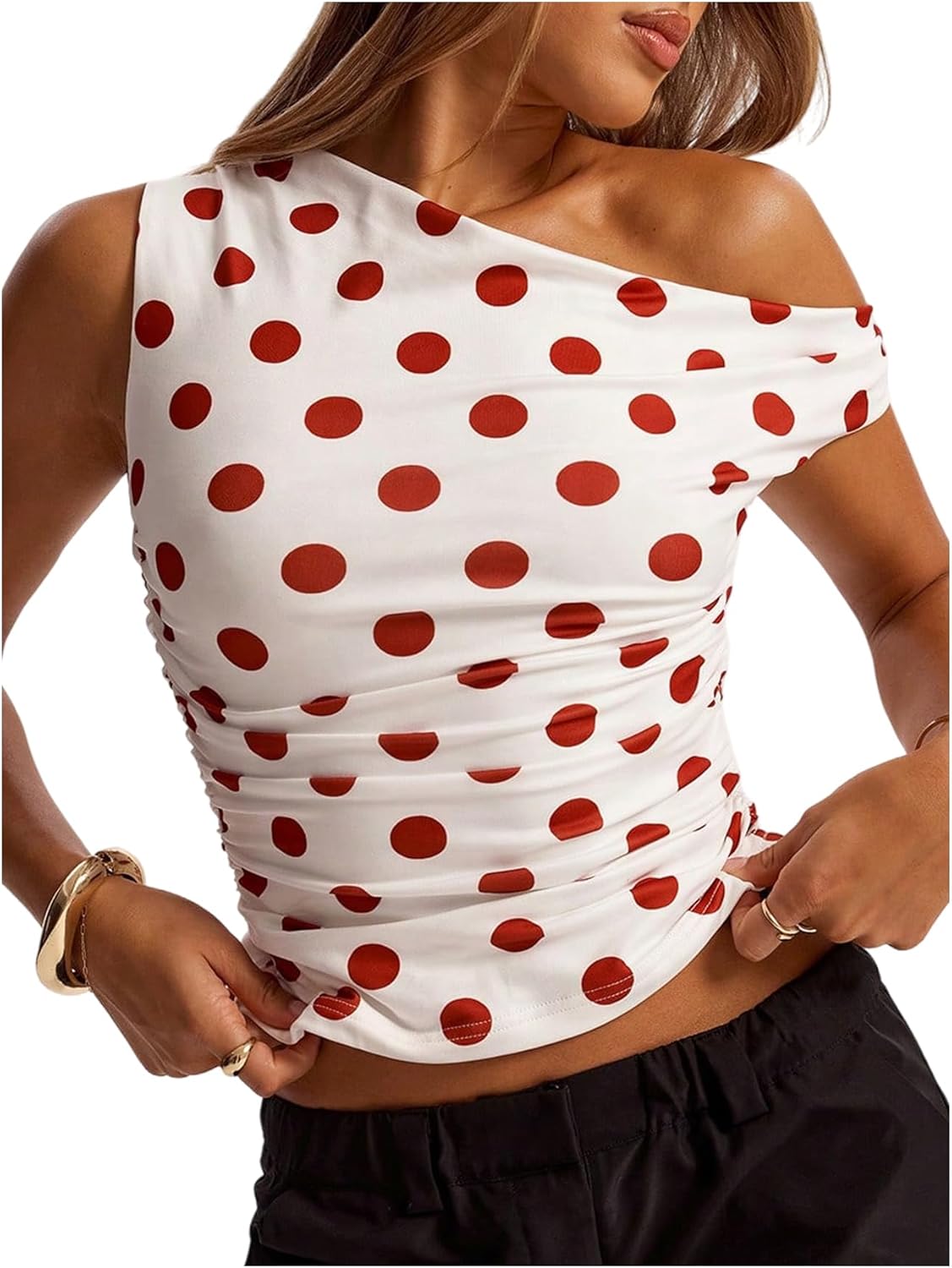 MakeMeChic Women's Polka Dots Asymmetrical Tops Going Out Y2k Crop Tops