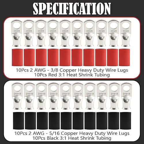 Miniatura 2 de Kit de 20 terminales de cable de batería (2 AWG-516+2 AWG-38), anillo de alambre de cobre estañado resistente, terminales de cobre con 20 tubos