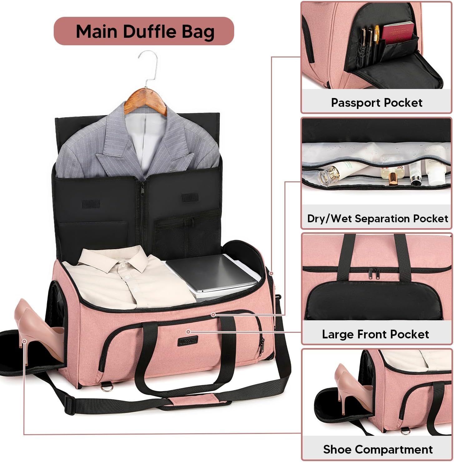 Vessgra Convertible Garment Bags for Travel, 58L Capacity Garment Duffle Bag Carry on Garment Bag Weekender Travel Backpack, 4 in 1 Suit Bag with Shoes Compartment for Men Women,Pink