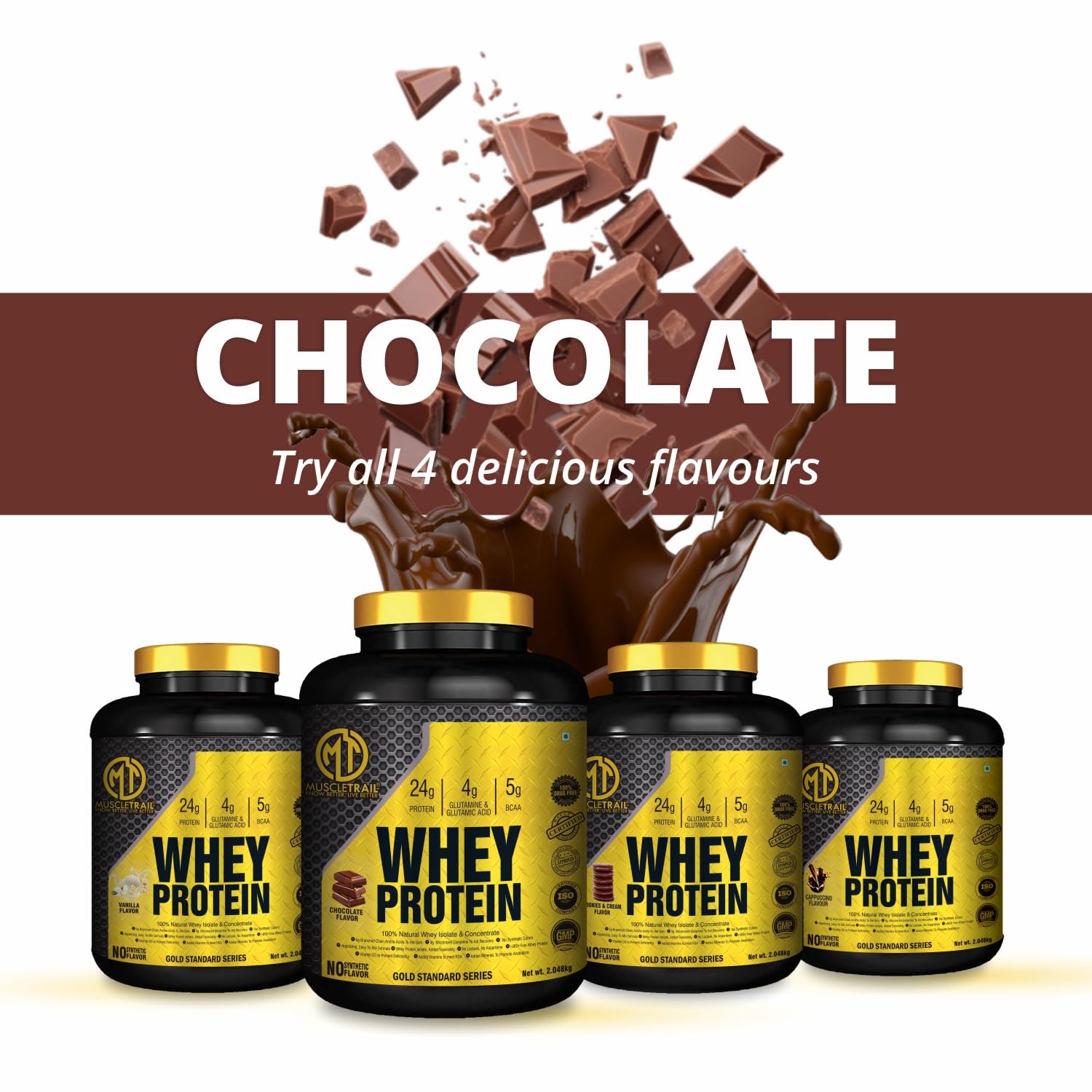 MuscleTrail Whey Protein Powder Gold Standard Series|24G Protein|5G Bcaa|4G Glutamine|Muscle Building Primary Source Isolate|2.048 Kg (2.048kg, Chocolate) — Amazon image 6
