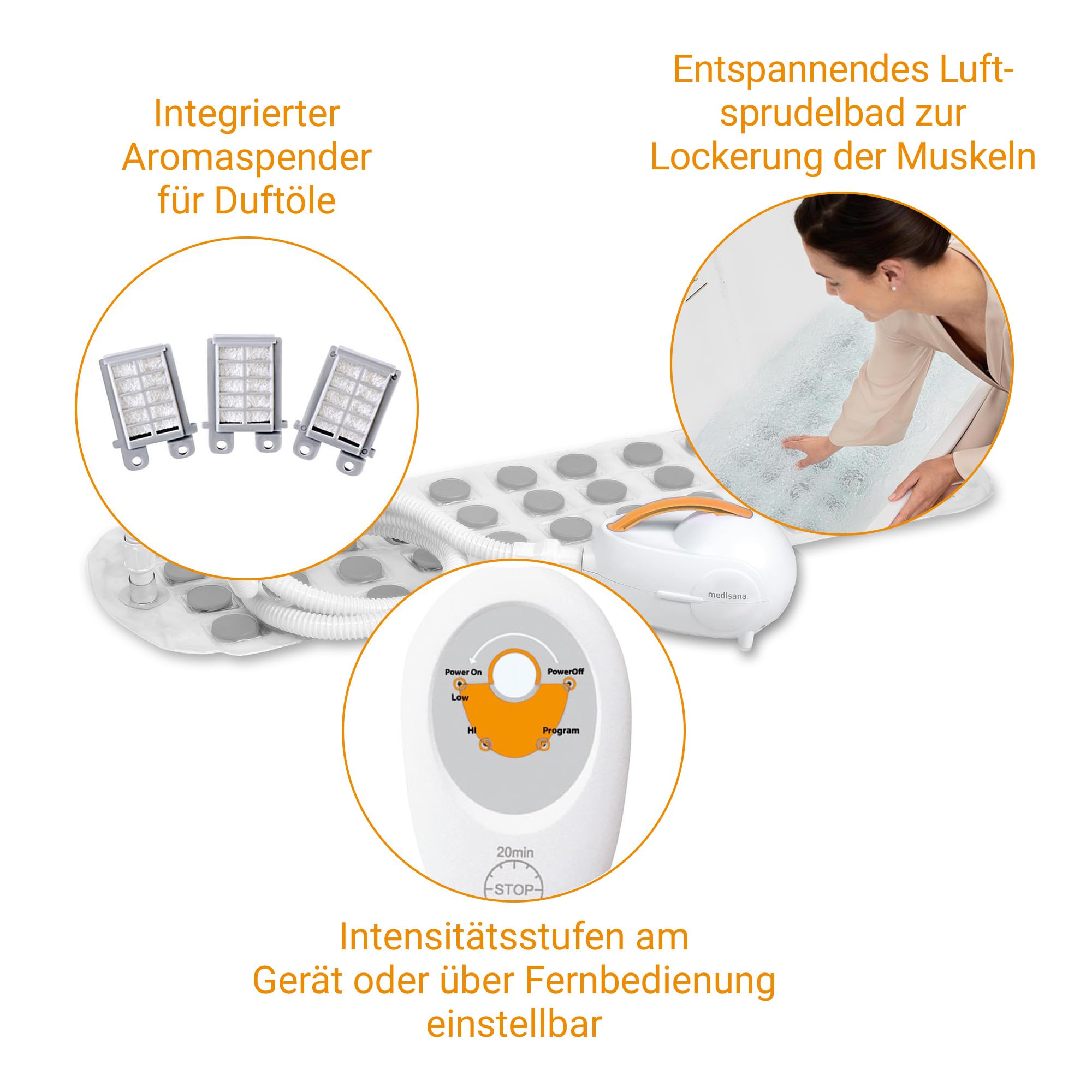 Medisana MBH Luftsprudelbad, Sprudelmatte Badewanne, Whirlpool Matte für die Badewanne, inkl. Aromaspender, 3 Intensitätsstufen, Spa für Zuhause, Wellness Badewannenzubehör