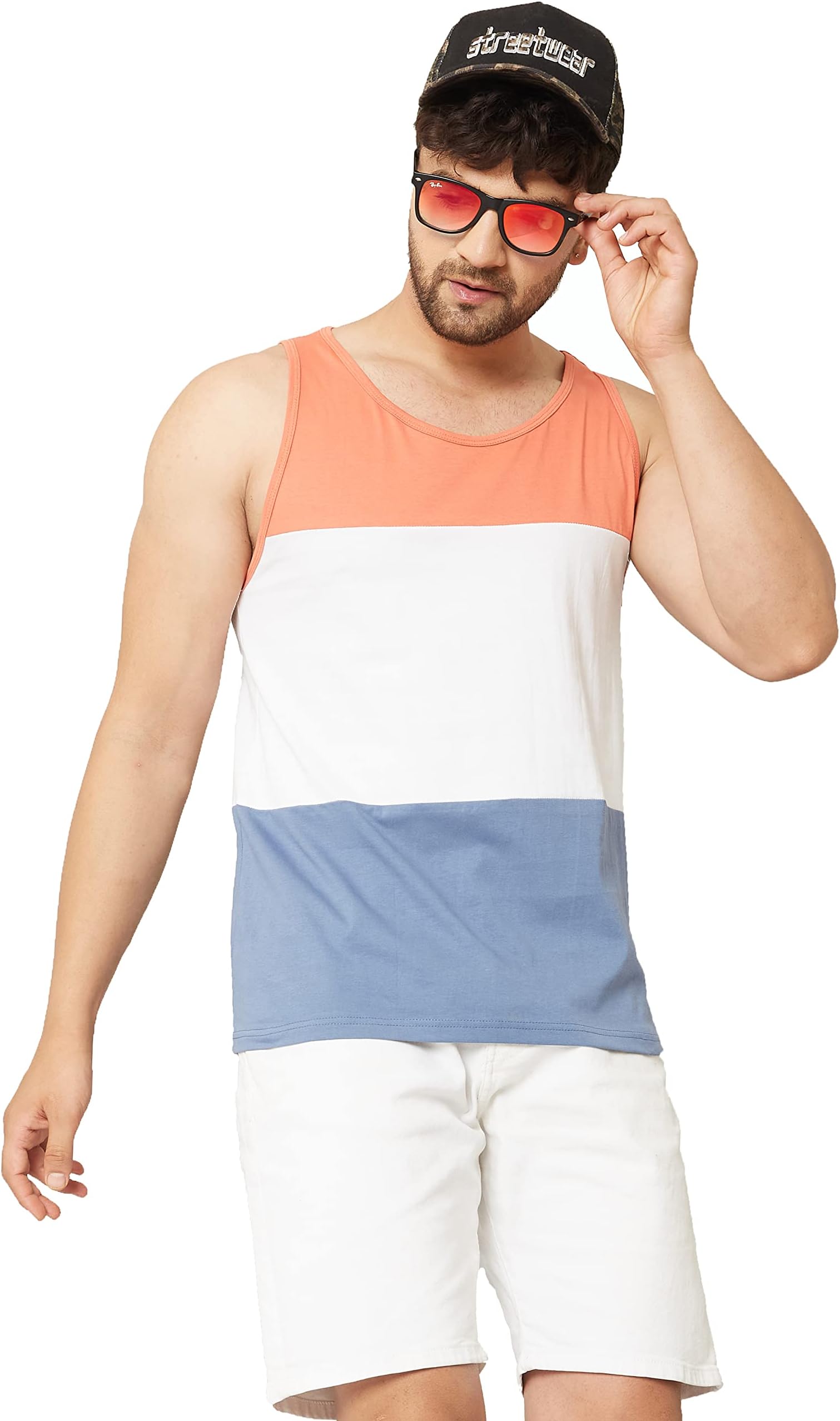 RodZen Men's Cotton Regular Fit Color Blocked Sleeveless T-Shirt