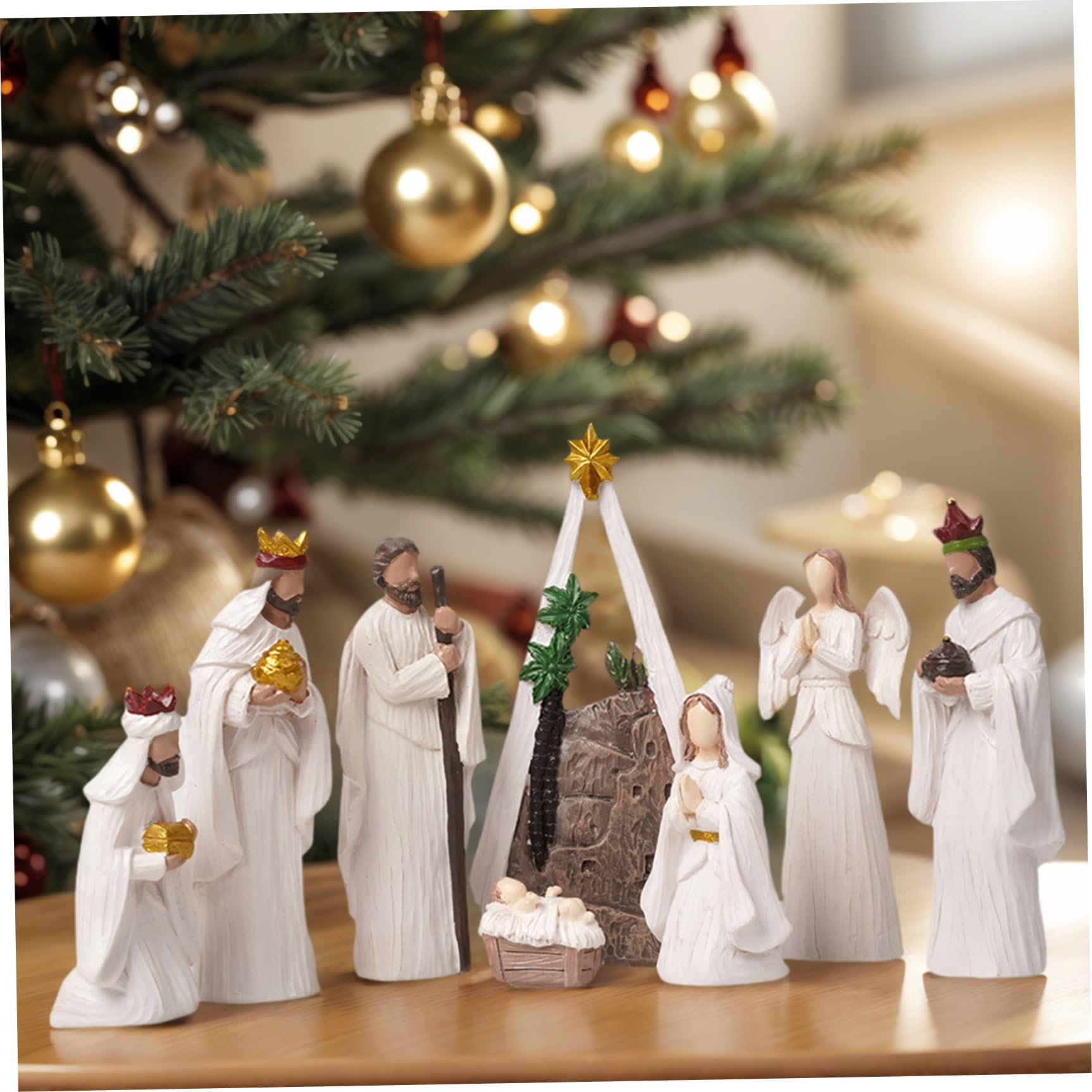 Ensemble de crèche de Noël (8 pièces) Moderne en résine Blanche - Figurines scène la Nativité - Ornements Table Religieux - Objets Collection Noël pour décorations Vacances