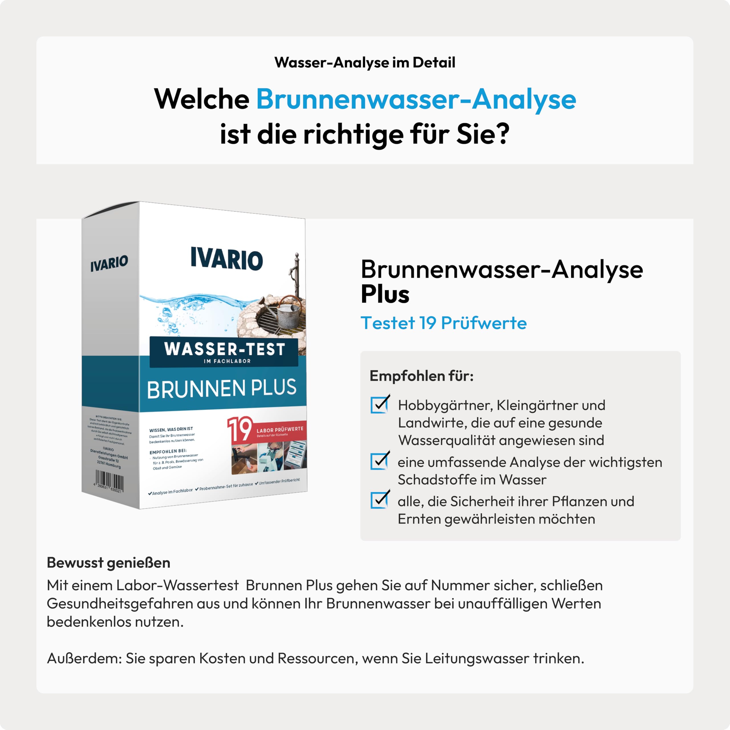 IVARIO Labor-Wassertest Brunnenwasser Plus, Labor-Analyse im Deutchen Fachlabor mit 19 Prüfwerten/kostenlose Expertenberatung/Kinderleichte Probenahme