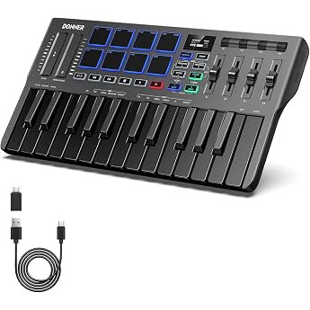 Donner DMK-25 PRO USB MIDI Keyboard Controller, 25 Keys, Velocity Compatible, Touch Type Slider, OLED Screen, Backlit Pad, Mu