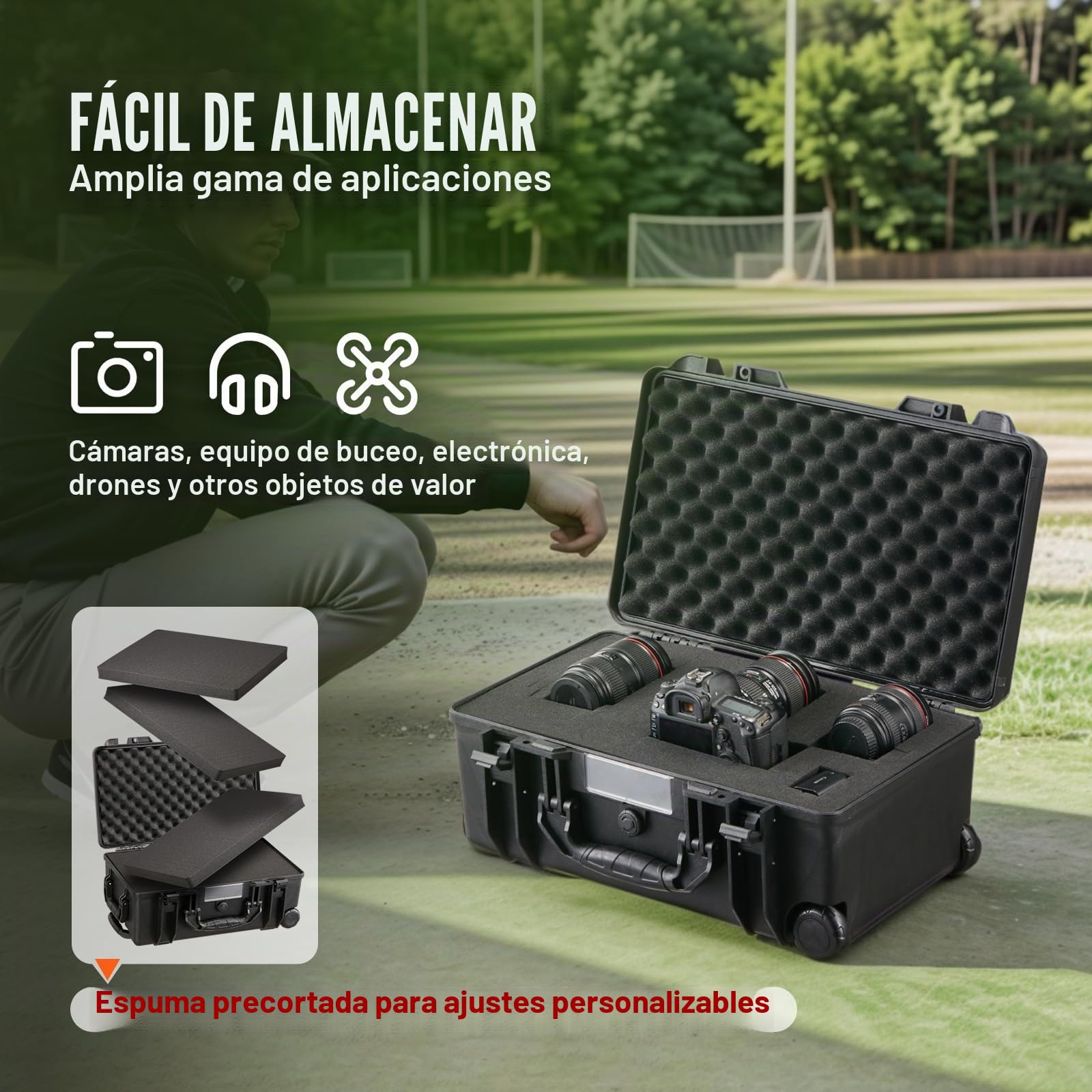 VEVOR Estuche Rígido Resistente a la Intemperie de 550 x 340 x 240 mm, Estuche Resistente con Espuma Precortada, Ruedas y Asas Retráctiles para Viajes, Caza, Uso Militar, Táctico, Impermeable IP67
