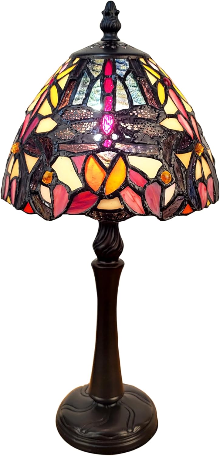 Tiffany Style Mini Table Lamp – Dragonfly Design, 8 by 15-Inch, 249 Glass Cuts (8”D x 15”H)