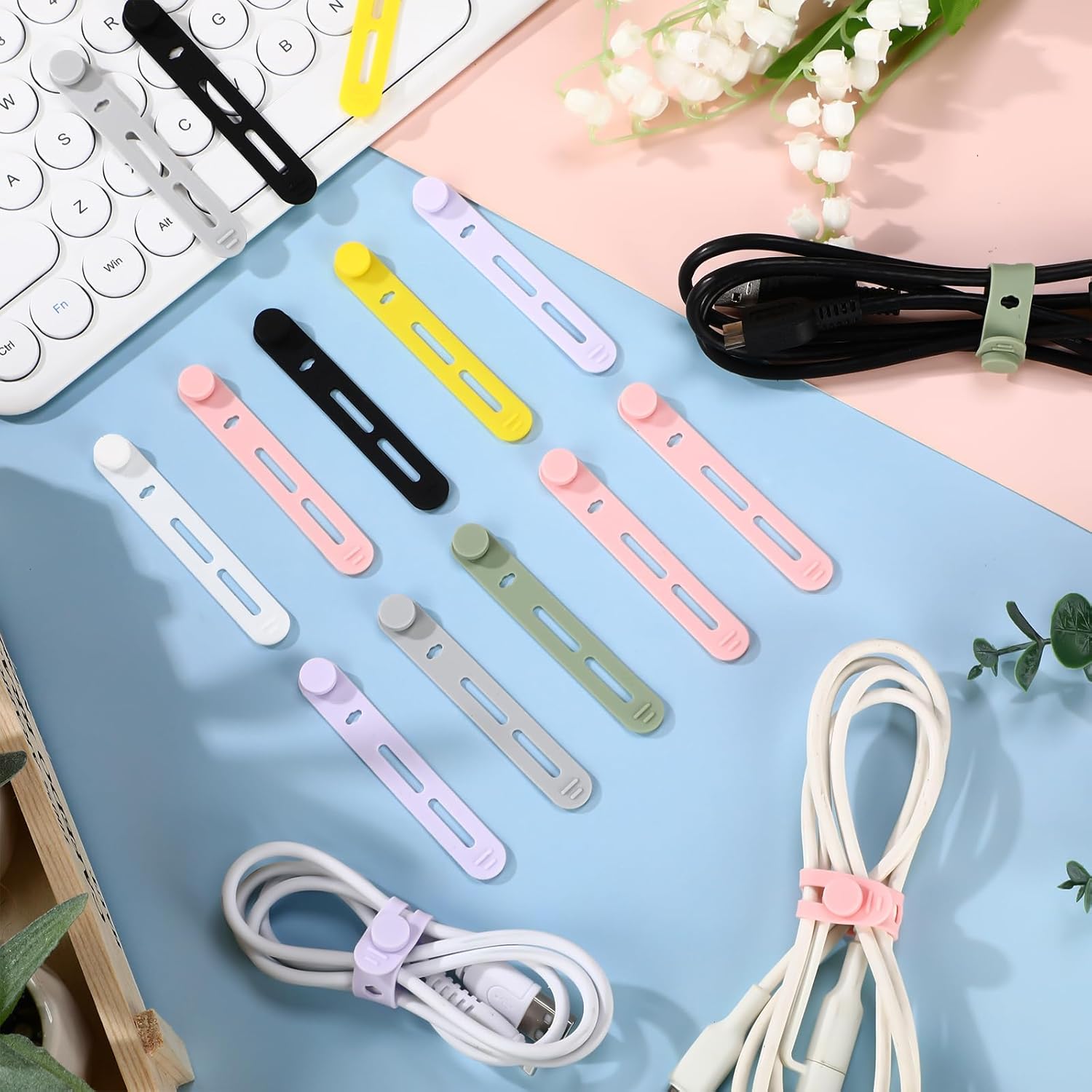 Tellegloww 42 Pcs Silicone Cable Ties Reusable Cord Organizer Adjustable Data Cable Wraps for Earphone Phone Charger Computer Cord Management Straps Travel Essentials(Multicolor,3.15 Inch)