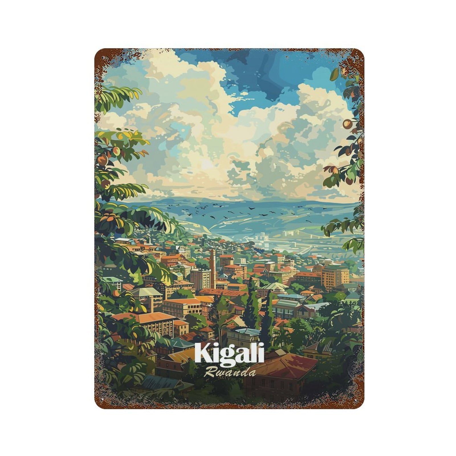 Kigali, Rwanda Cityscape Art Vintage Metal Tin Sign 15.7"x11.8", Retro Wall Decor for Office, Studio And Wall Decor