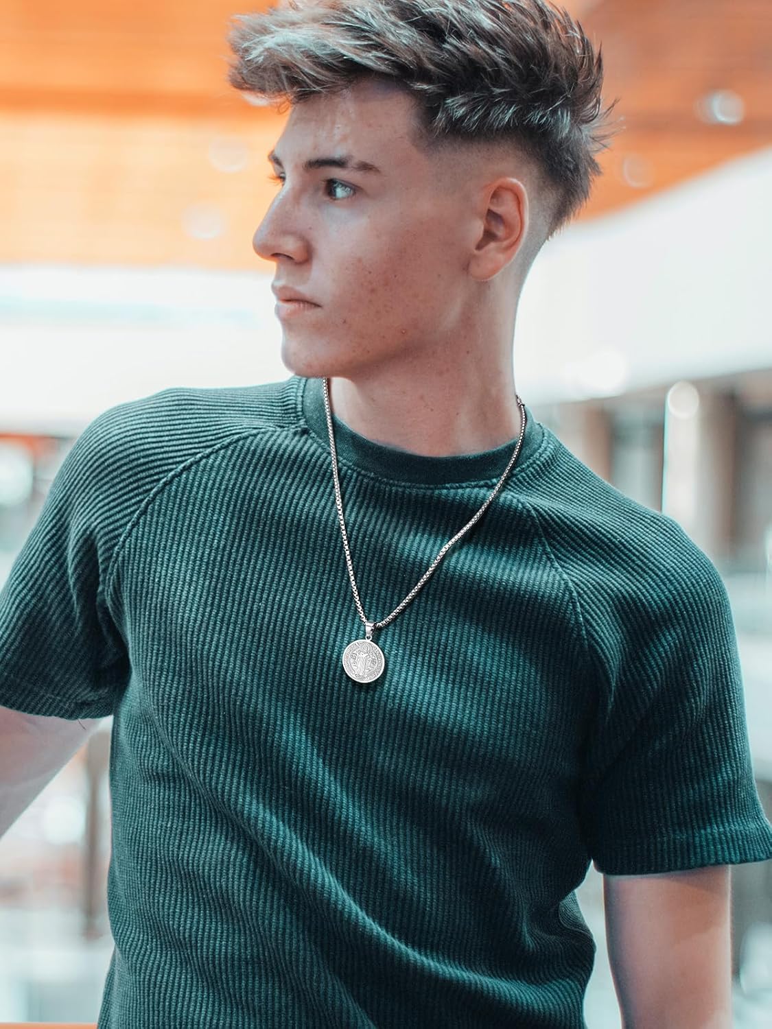 Men Religious Jewelry Stainless Steel/Black Metal/18K Gold Plated 22 Inch Box Rope Chain Nail Cross Pendant/Virgin Mary Medal/St. Benedict/St. Christopher Necklaces for Christmas Birthday - Image 4