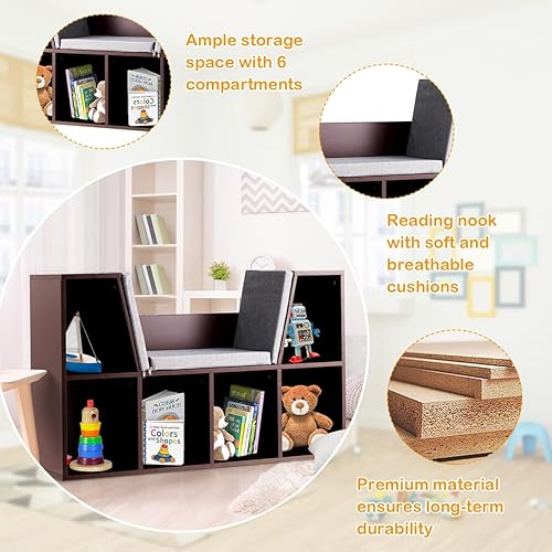 Miniatura 6 de Costzon Estantería infantil con rincón de lectura, estantería de 6 cubos con cojín de asiento suave, organizador de almacenamiento de juguetes de