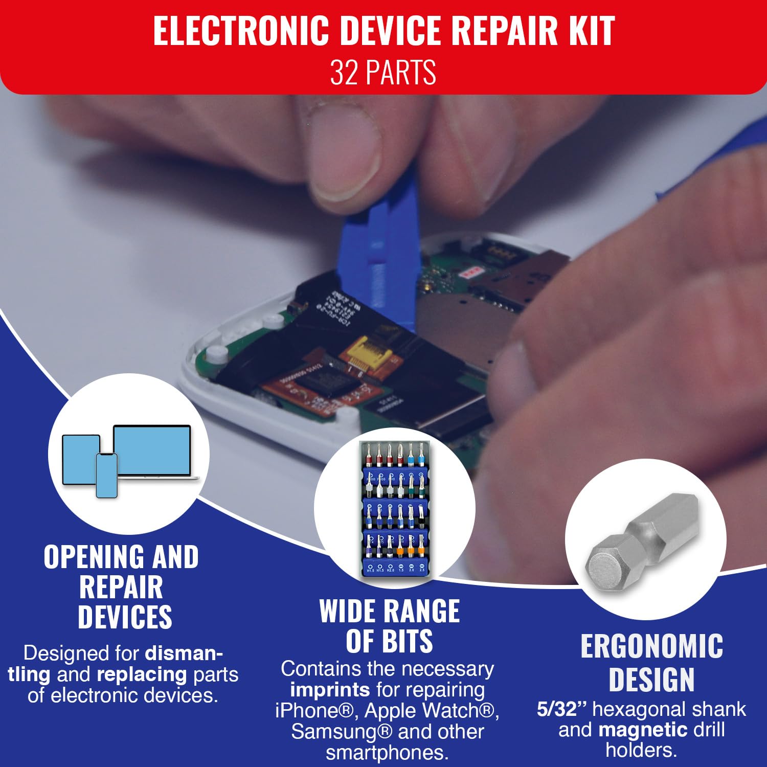 TIVOLY - Smartphone & Tablet Repair Kit - 32 Pieces - Bit Holder + Precision Bits + Extension + Screen Suction Cup + Removal Accessories