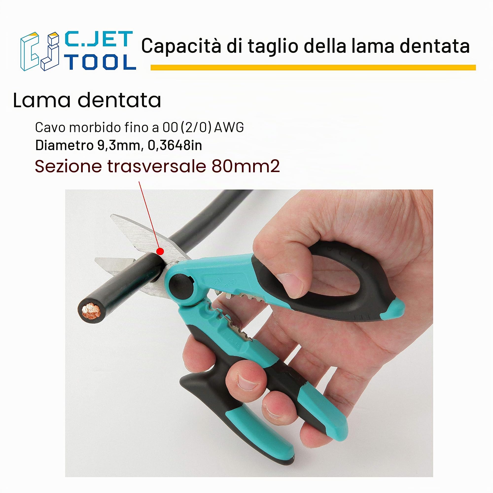 C.JET TOOL Forbici da elettricista, 170 mm, in acciaio inox, design multi-presa, cavo morbido in alluminio e rame