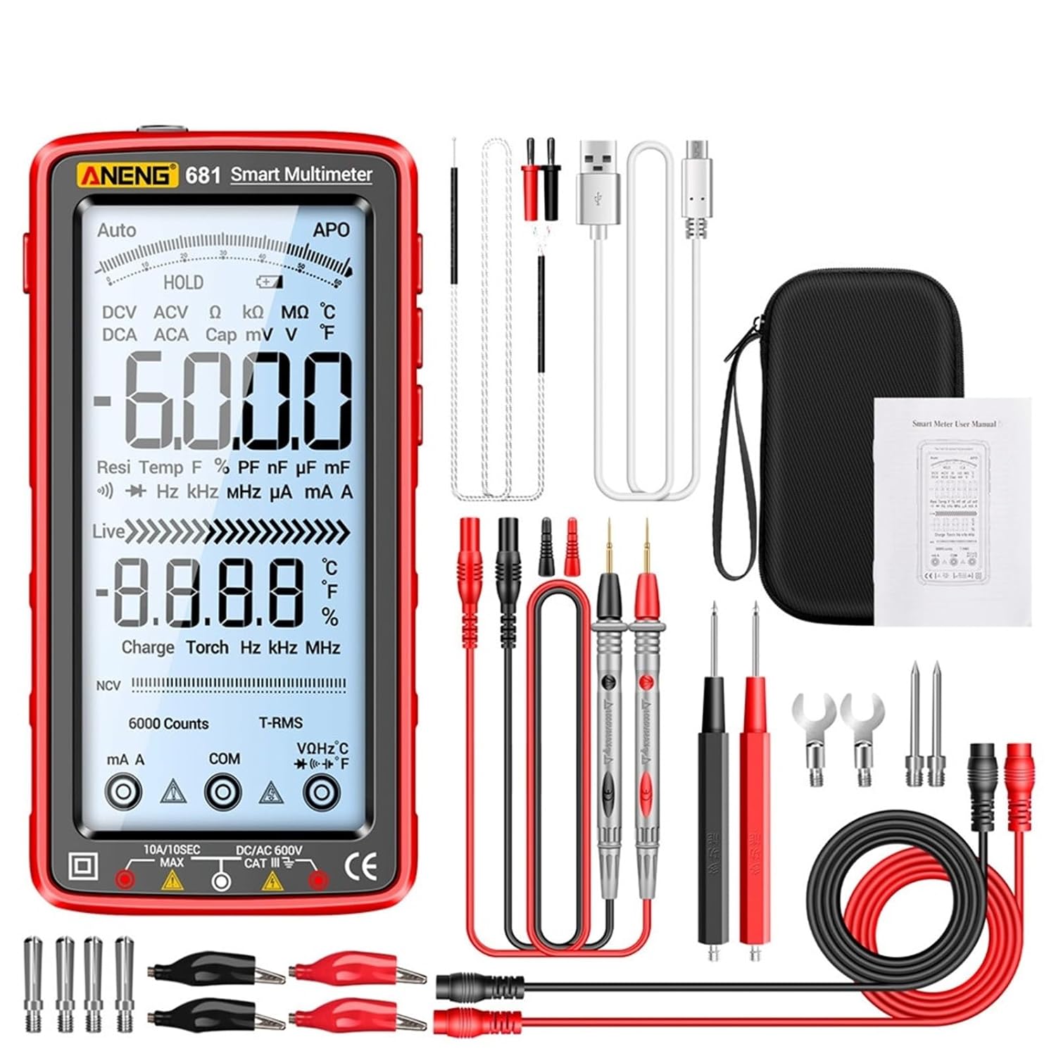 681 Rechargable Digital Professional Multimeter Non-Contact Voltage Tester AC/DC Voltage Meter Screen Current Tester(681 Black)