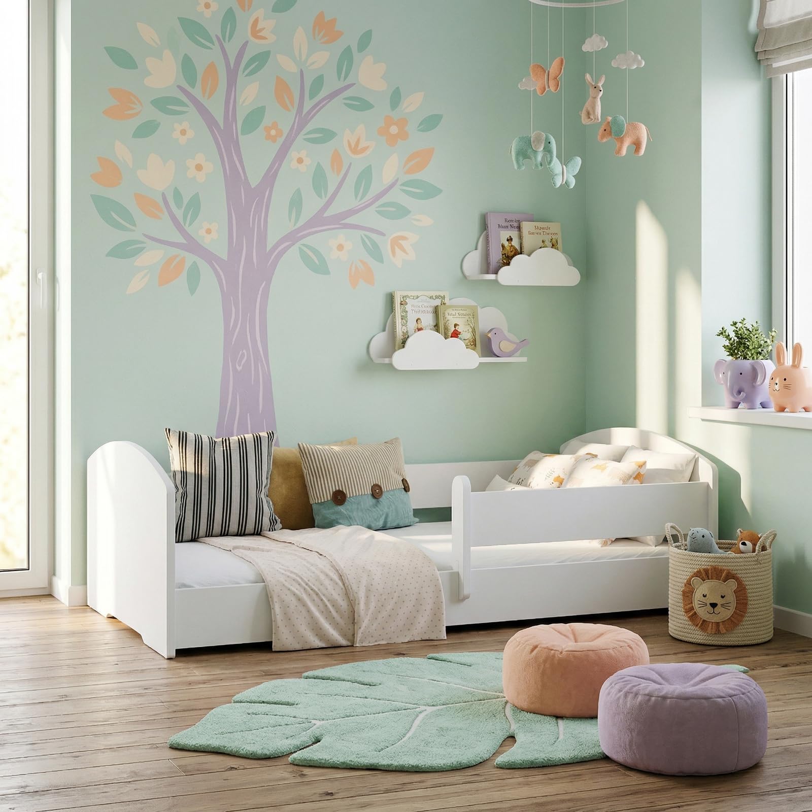 KOBI Cuna Montessori Leo 140x70 Blanca con barandilla: una Cuna Moderna, Segura y extraordinariamente cómoda para niños, de construcción Robusta y con un Elegante Estilo escandinavo