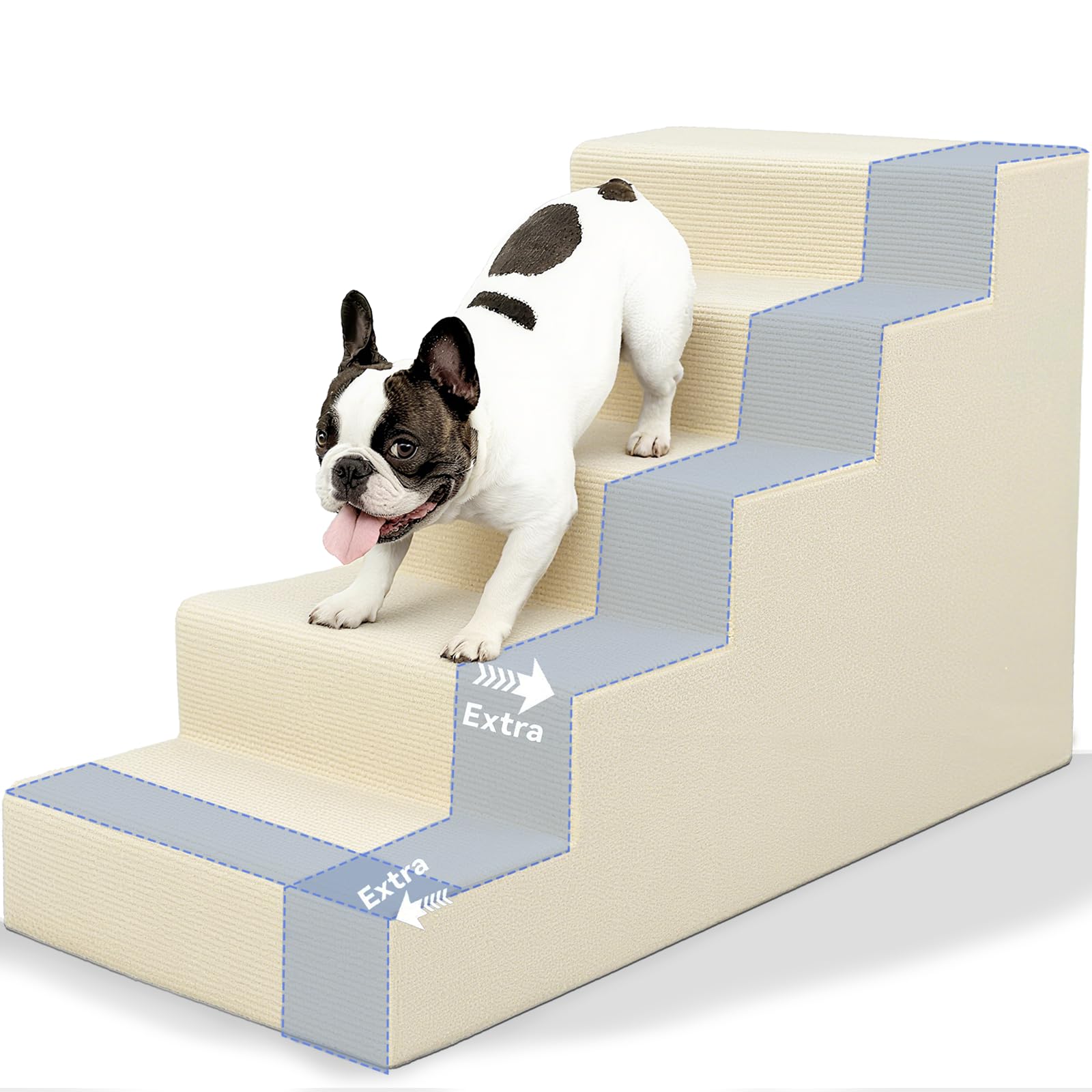 Niubya Escalera para Perros Medianos y Grandes de 5 Escalones, 86x42x57 cm, Espuma 30D, Funda Lavable y Antideslizante, para Cama y Sofá (Beige)