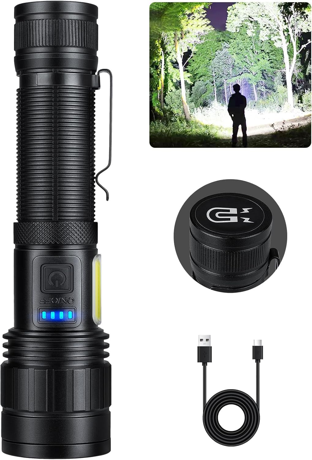 Rechargeable Flashlights 90000 High Lumen, Super Bright Magnetic Flashlight Rechargeable, 7 Modes with Cob Work Light, Powerful Led Flash Light for Camping, Outdoor, Home