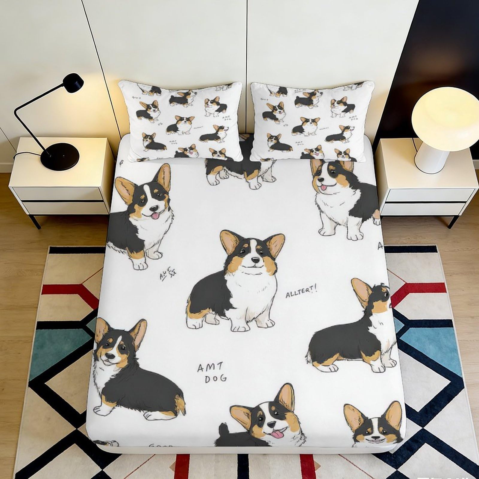 3D Printed Corgi Dog Fitted Sheet Microfiber Soft White Cartoon Puppy Mattress Cover for Bedroom Decor Dorm Guest Room 90x200x25cm