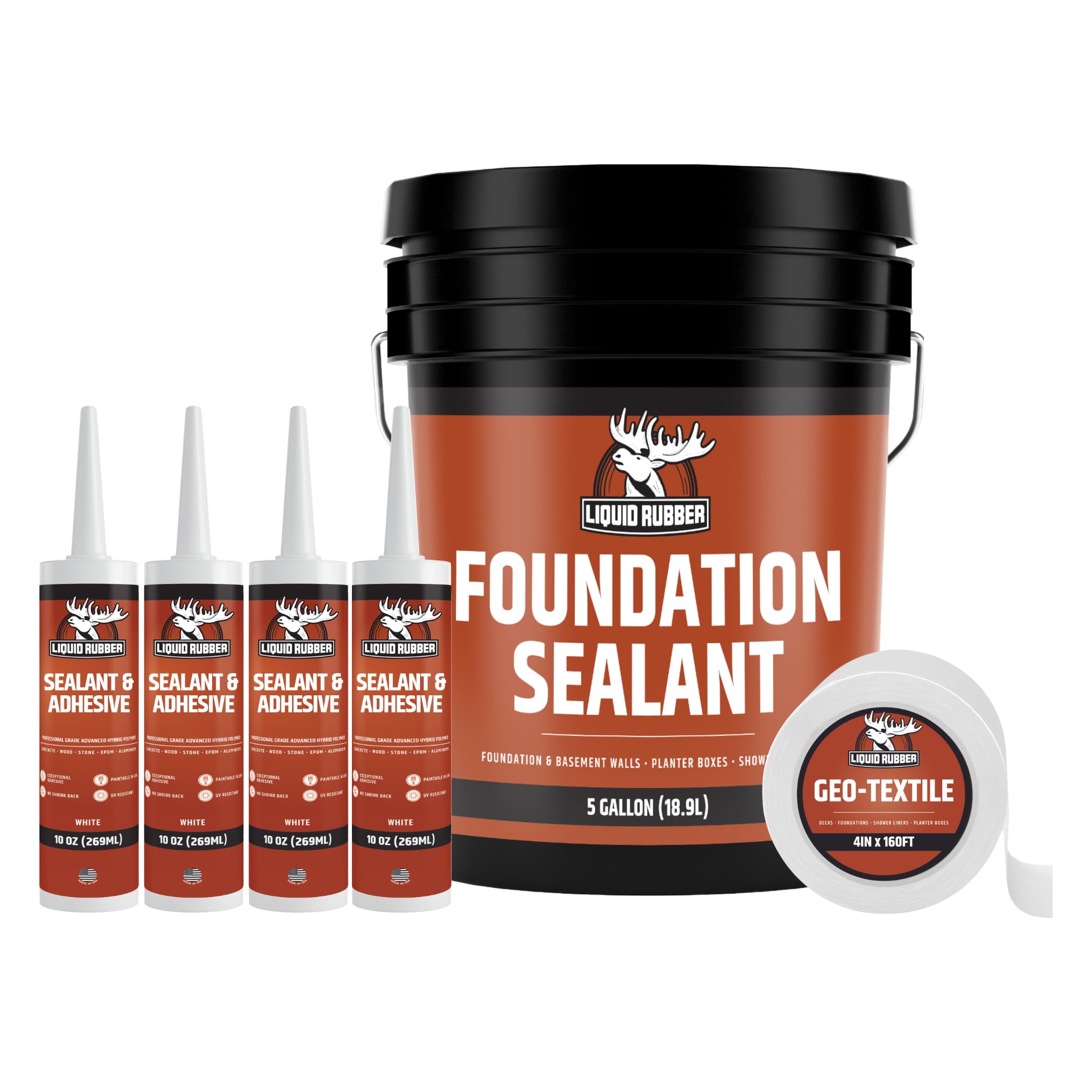 Liquid Rubber Basement and Foundation Repair Sealant - Waterproof Concrete Sealer & Crack Filler - Flexible Coating for Indoor & Outdoor Use - 5 Gallon Sealer, 10.2 oz Caulk 4 Pack, Geo Textile 4"x160