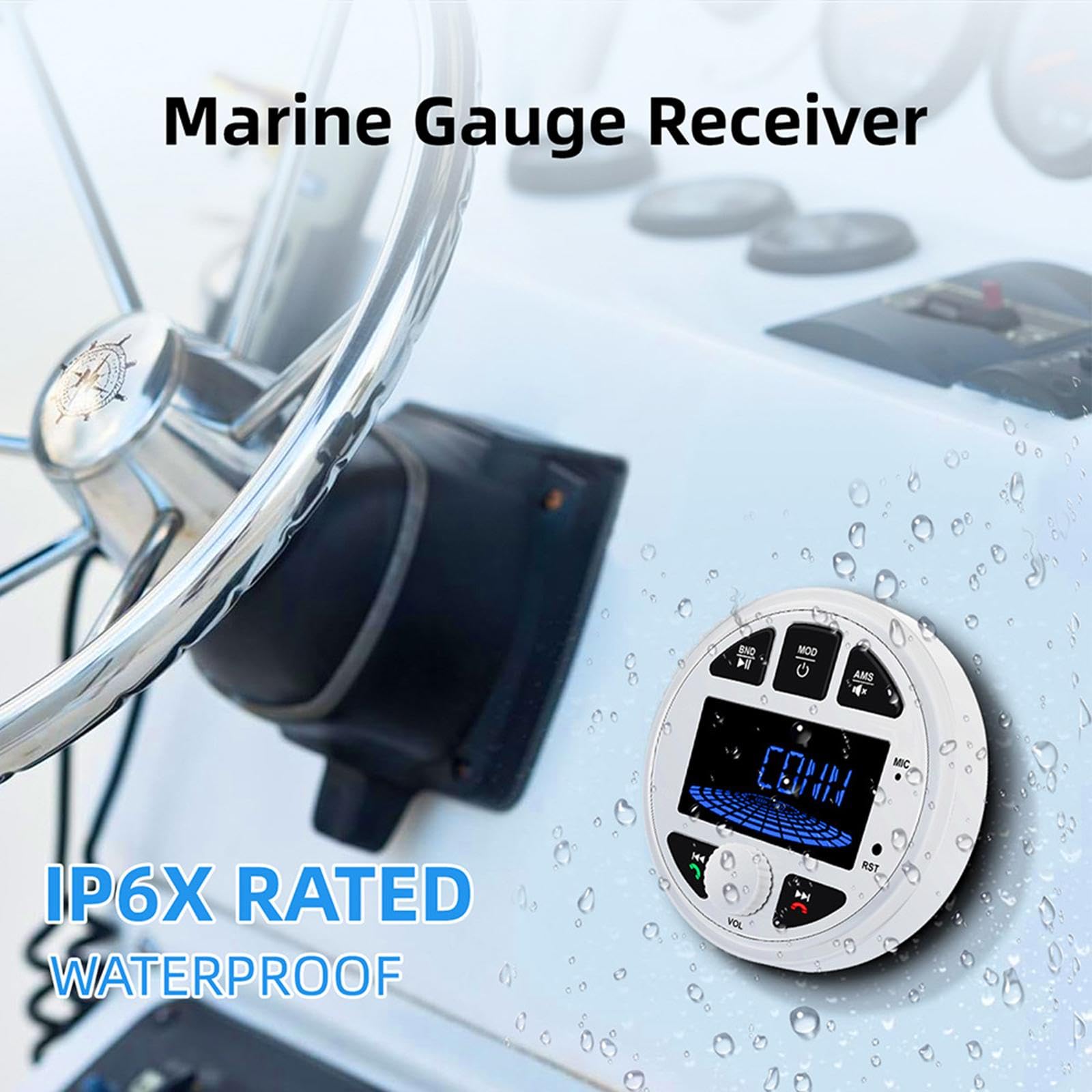Marine Stereo Empfänger mit Bluetooth & USB: Wasserdichter Boots-Radio, Rundempfänger mit Fernbedienung für professionelle Marine-Audio- Weiß