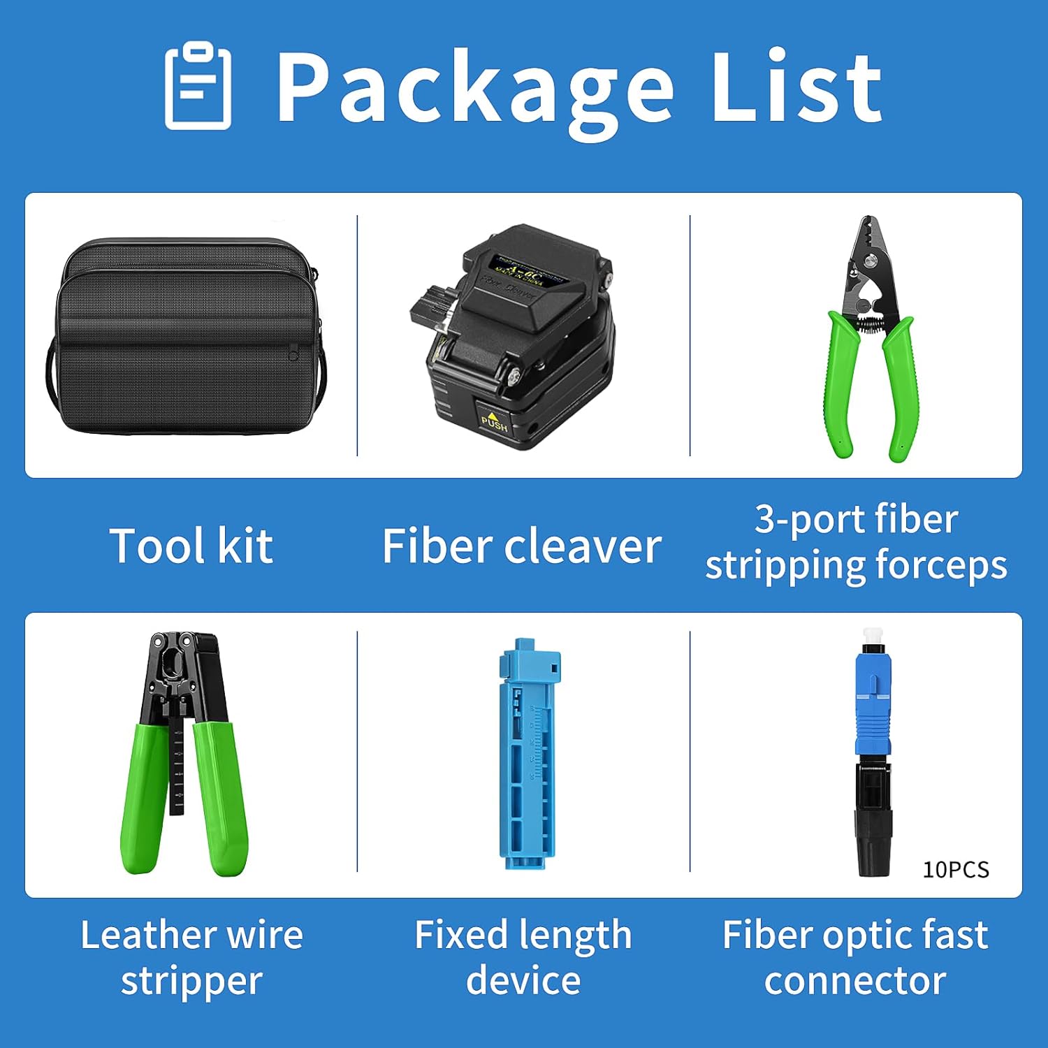 6-in-1 Fiber optic tool kit with high-precision A-6C Optical Fiber Cleaver and Multi functional three port Fiber optic stripping pliers, well as 10pcs SCUPC Fiber optic quick connector