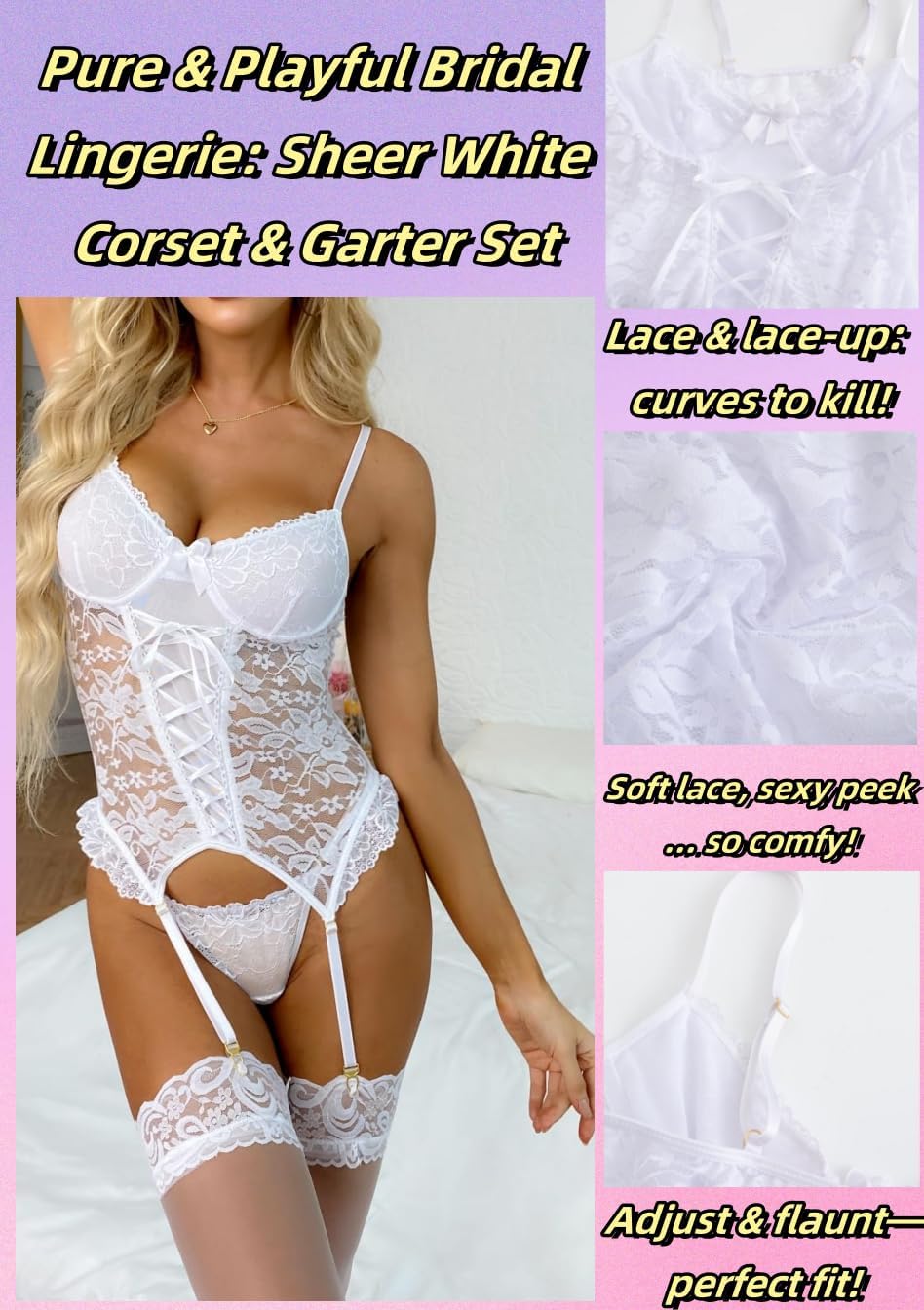 Women's Sexy Lingerie Set with Garter Belt Lace Bodysuit Teddy Baby Dolls Panty with Stockings - Image 4