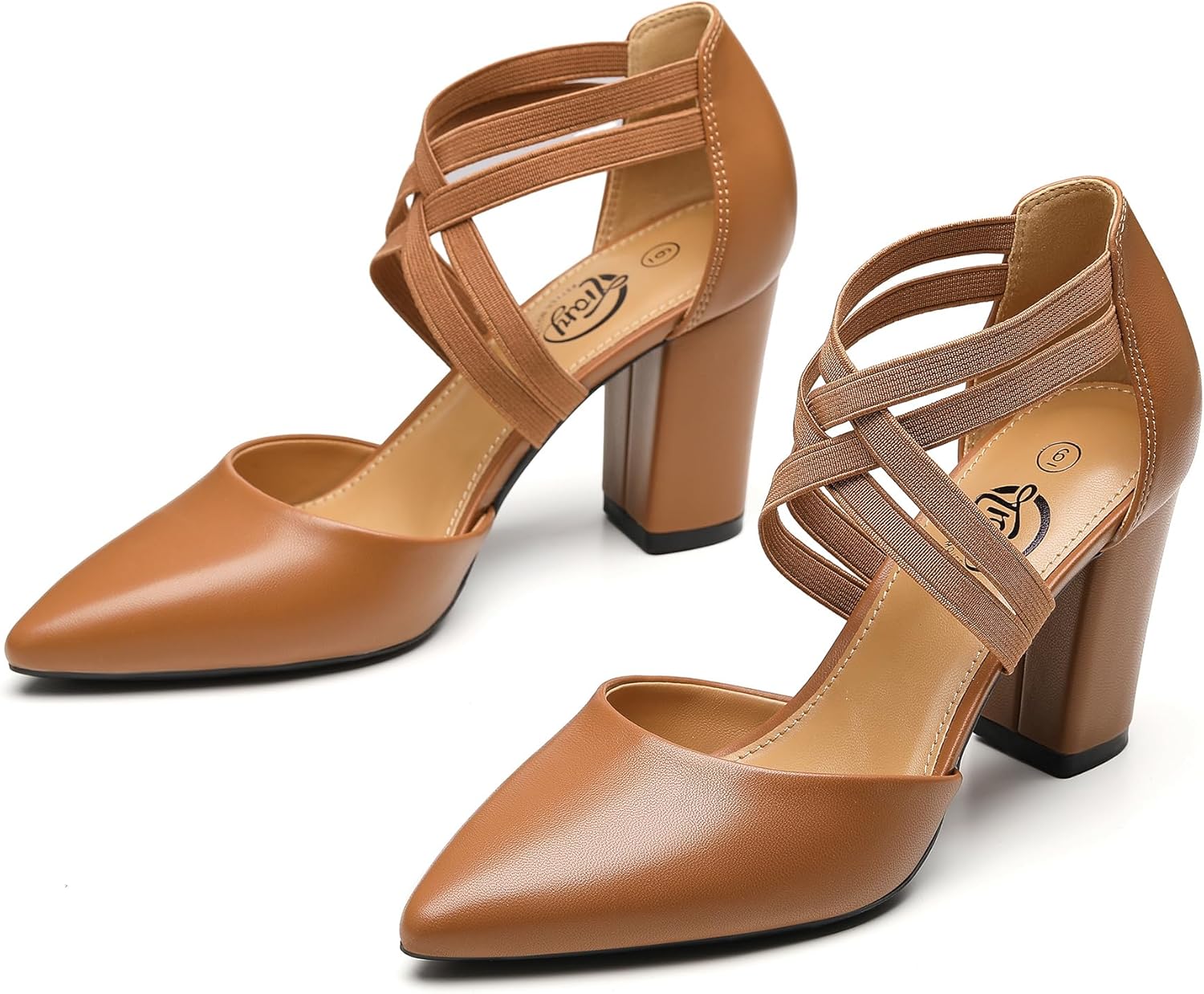 Trary Women's Low Heels Pumps Chunky Closed Pointed Toe Block Heels for Women Dress Shoes Elastic Crisscross Strappy 3.5 Inch Comfortable for Wedding Bridal - Image 3