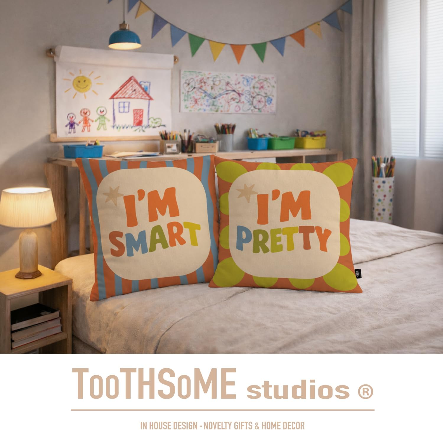 Toothsome Studios I'm Smart, I'm Pretty, Cute Motivational Kids Room Throw Pillow Cover Set, 15.75" x 15.75", Polyester, 2-Pack (I'mSmart/I'mPretty)