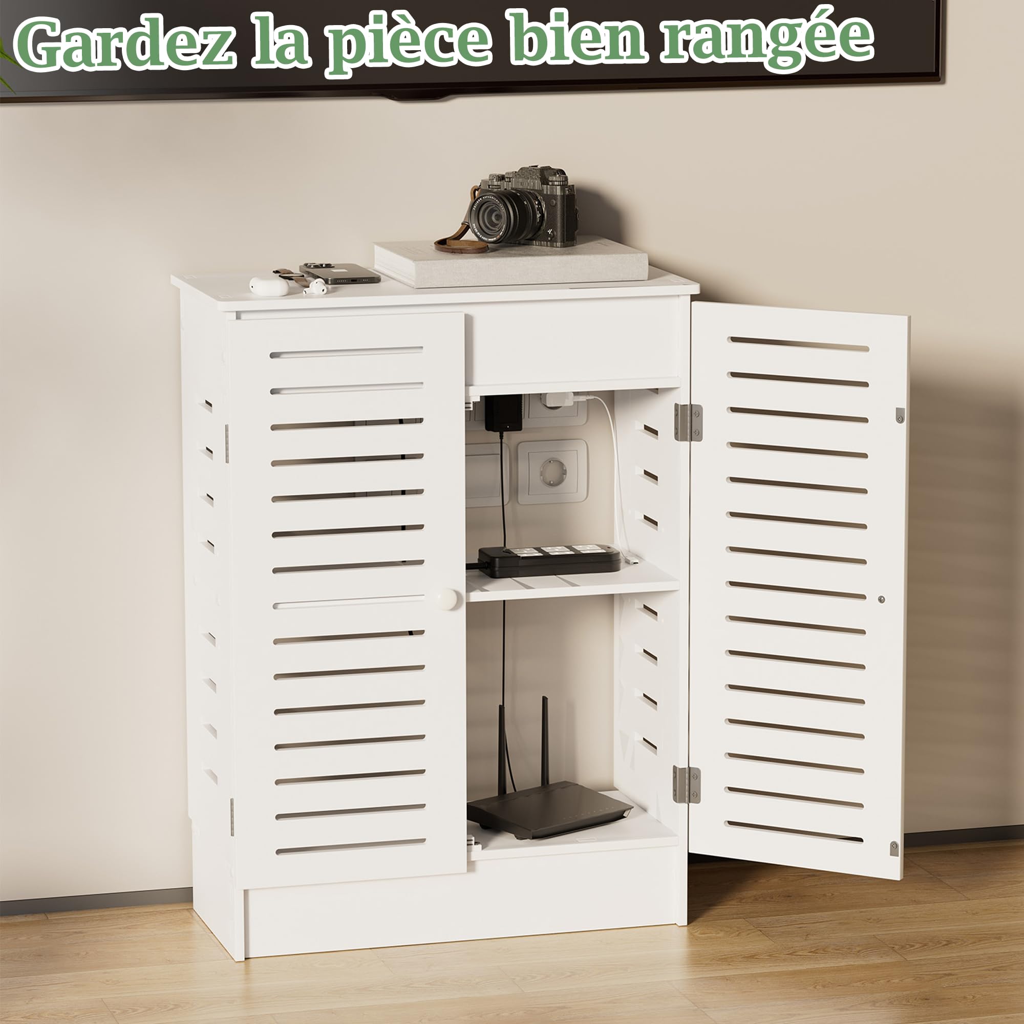 bimiti Armoire de Rangement pour Routeur Wi-FI, Armoire pour Routeur Bois | pour Salon, Rangement Câbles Électroniques, Équipements Multimédias, Montage au Sol Blanc 70x25x50cm 2 Niveaux