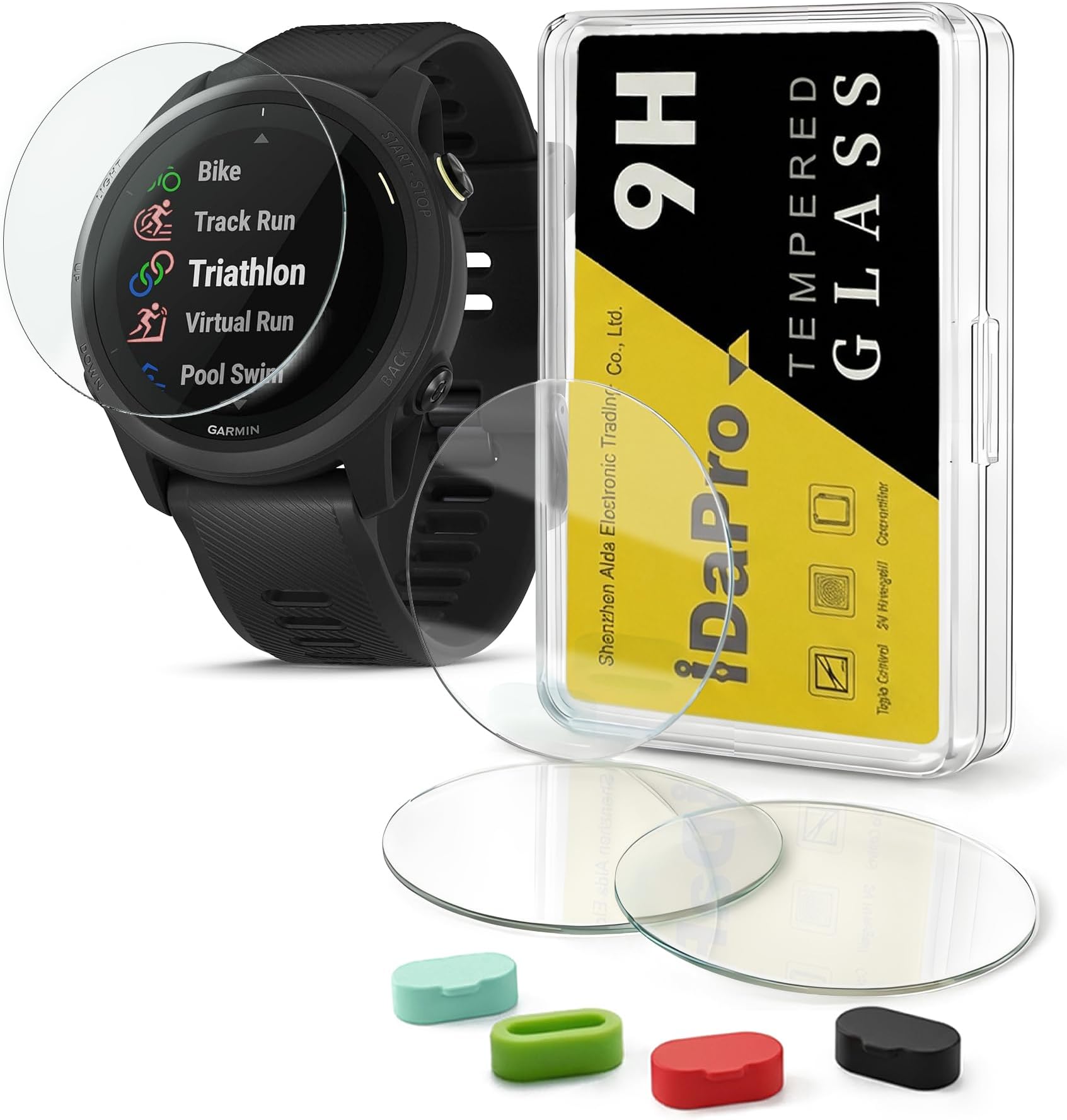 [4 Pack] Screen Protector for Garmin Forerunner 745 Running/Triathlon Smartwatch + Silicone Anti-dust Plugs, Tempered Glass Anti-Scratch Bubble-Free
