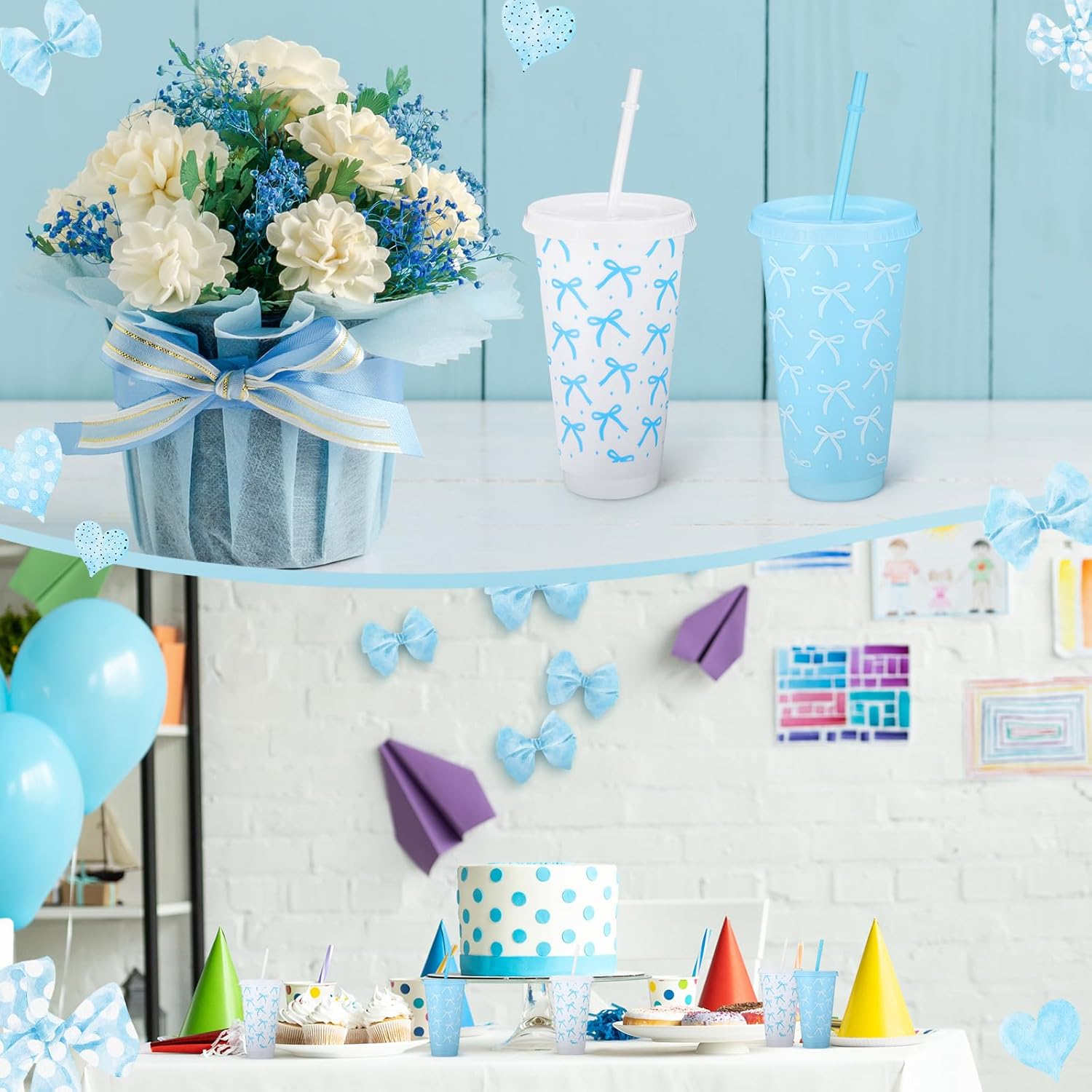 Pickmesh 12 Pcs 24 oz Blue Bow Plastic Cups with Lid and Straw Gift Coquette Bow Birthday Decorations Reusable Party Cups Tumbler Water Bottle Gift for Wedding Bridal Engagement Baby Shower - Image 6