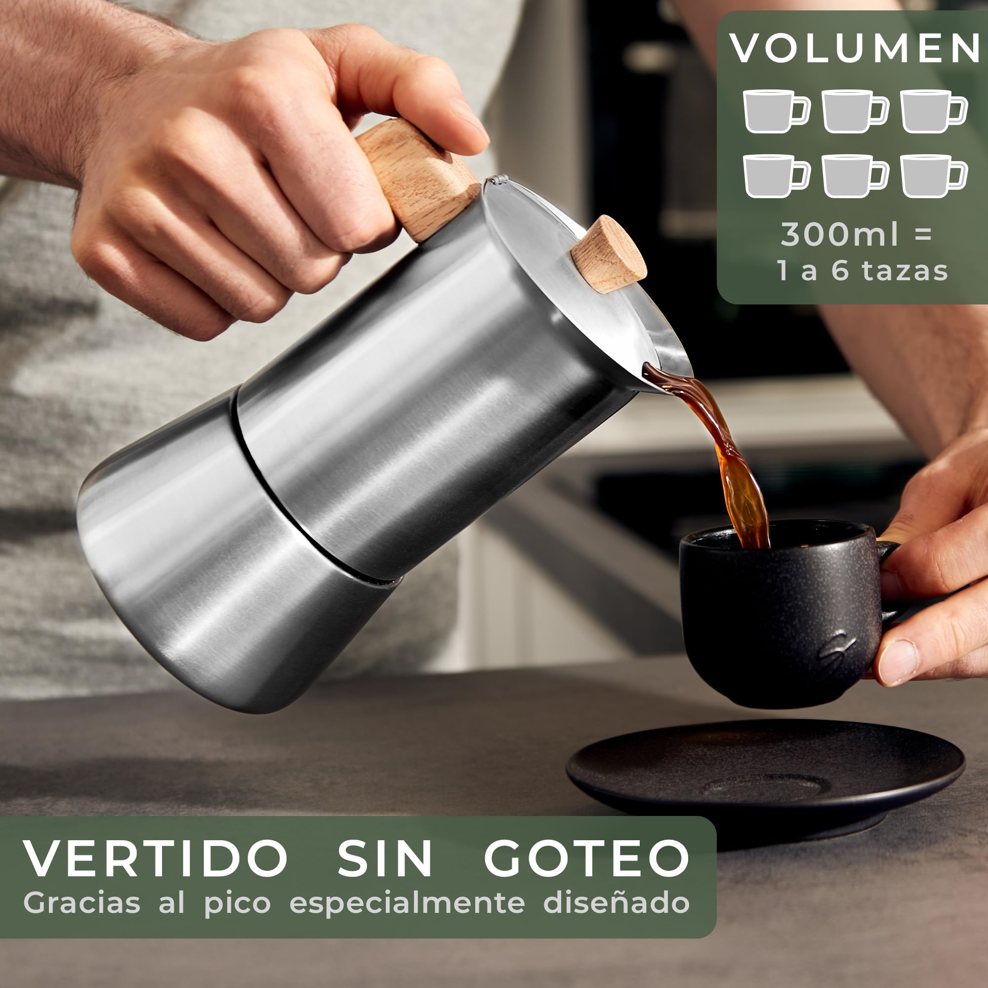 WALDWERK Cafetera italiana induccion (300 ml) – Cafetera italiana acero inoxidable todo tipo de cocinas – Cafetera induccion con mango de auténtica madera de roble