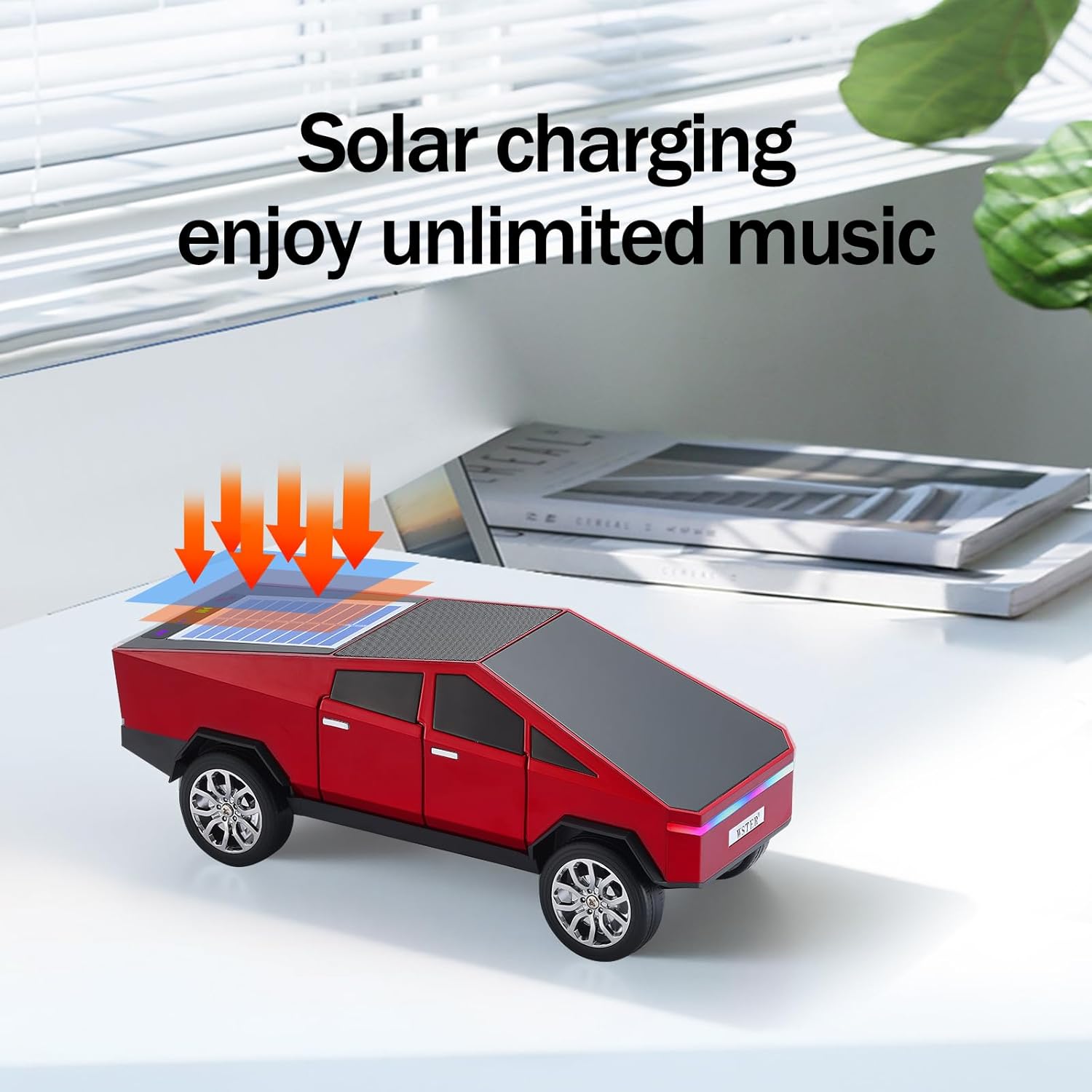WS-699 Solar Bluetooth Replica Speaker – Future Pickup Truck Design, HD Sound, TWS Stereo Pairing, FM Radio, LED Party Light, USB/TF Playback, Hands-Free Mic, Type-C Charging, Portable Gift (Red)