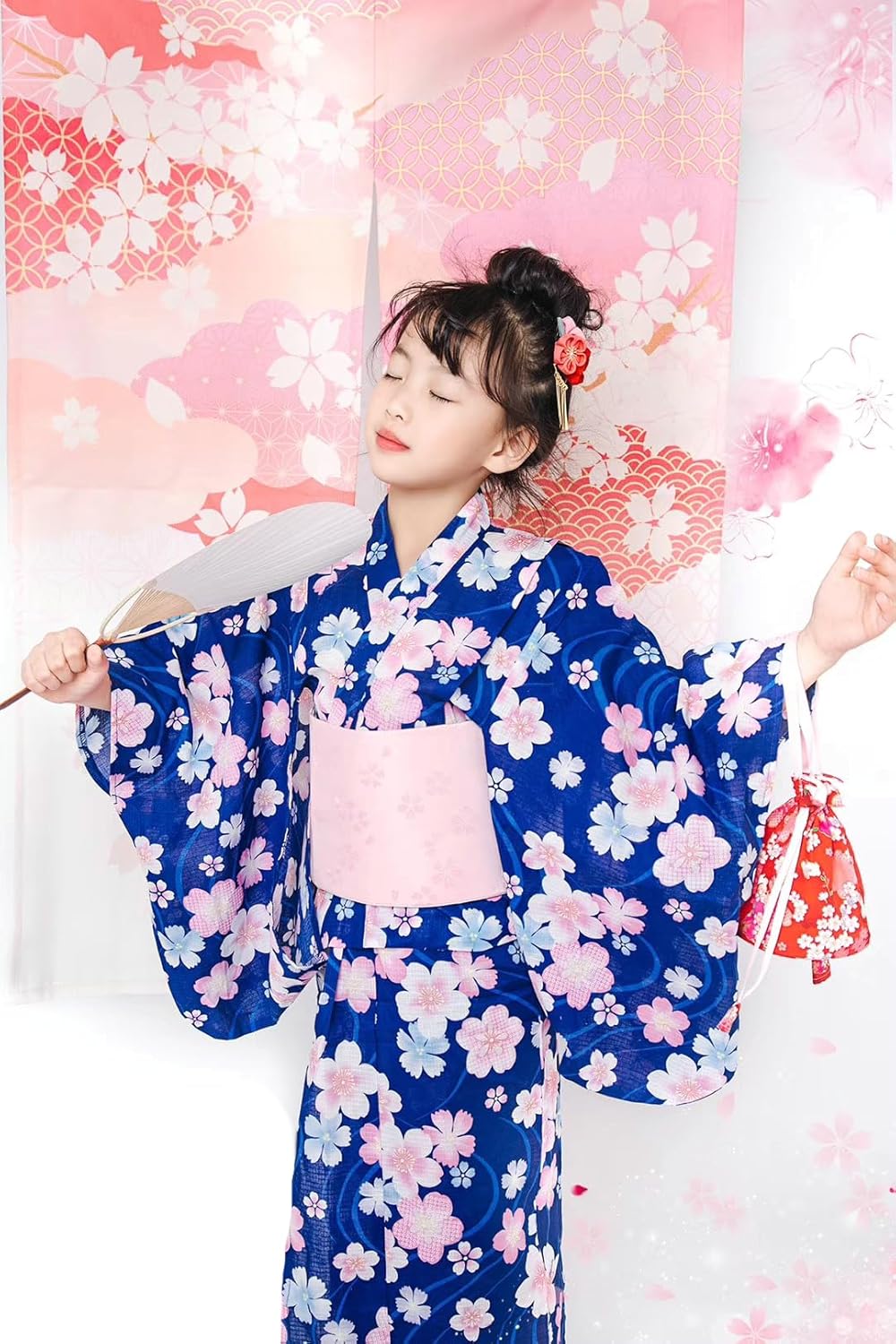 Women's Kids Girls 2-Pieces Set Floral Kimono Dress with Obi Cute Comfy Cotton Yukata Japanese Kimono Robe Costume Set - Image 3